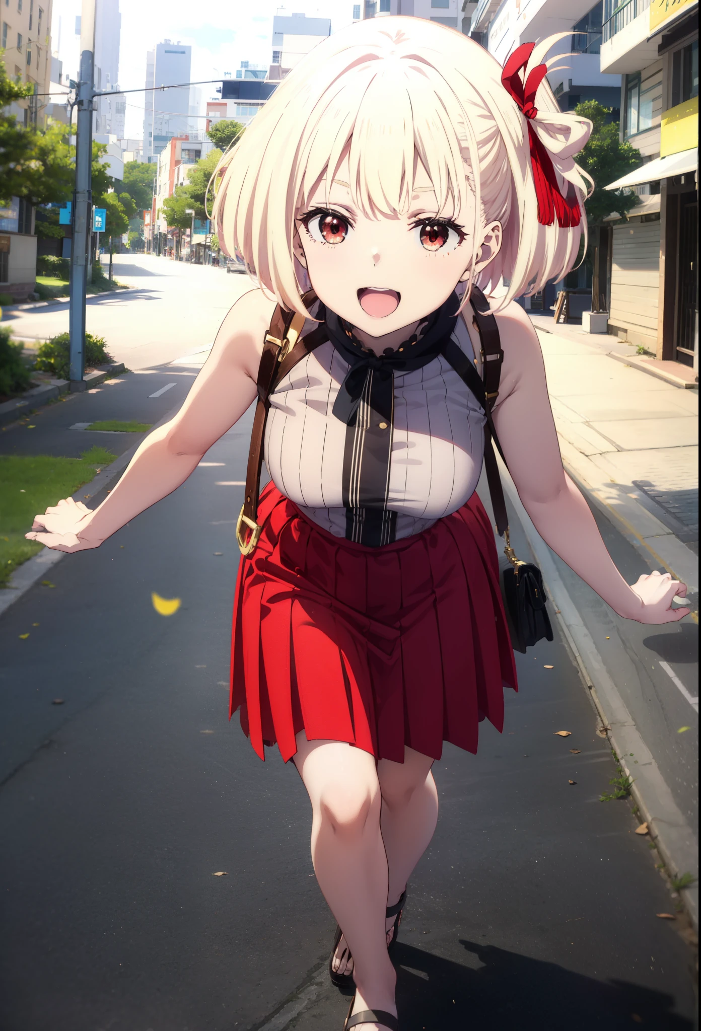 chisatonishikigi, Chisato Nishikigi, short hair, bangs, blonde, (Red eyes:1.5), Hair Ribbon, One side up, Bobcut,happy smile, smile, Open your mouth,
Open your mouth, Red sleeveless dress,Bare arms,Red long skirt,Cute Sandals,whole bodyがイラストに入るように,Walking,Daytime,sunny, walk,Looking up from below,break looking at viewer,whole body,break outdoors, In town,Coastal Road, break (masterpiece:1.2), highest quality, High resolution, unity 8k wallpaper, (shape:0.8), (Beautiful details:1.6), Highly detailed face, Perfect lighting, Extremely detailed CG, (Perfect hands, Perfect Anatomy),