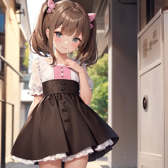 , she has a very  and slender body, with delicate features and an innocent and doll-like appearance. Her skin is fair and smooth, her hair is naturally wavy and has a soft, silky texture to it. She is always well-dressed and put together, taking pride in her appearance. She has a cute and endearing face, with large, expressive eyes and a shy, innocent smile, short brown hair, her outfit often consists of cute and feminine pieces like dresses, skirts, and blouses, in pastel colors like pink and blue. She also likes to wear cute accessories such as hair bows and headbands, as well as comfortable shoes like sneakers or loafers. She often wears her hair in cute hairstyles like braids or ponytails, and puts on plenty of colorful jewelry and makeup to finish off her look