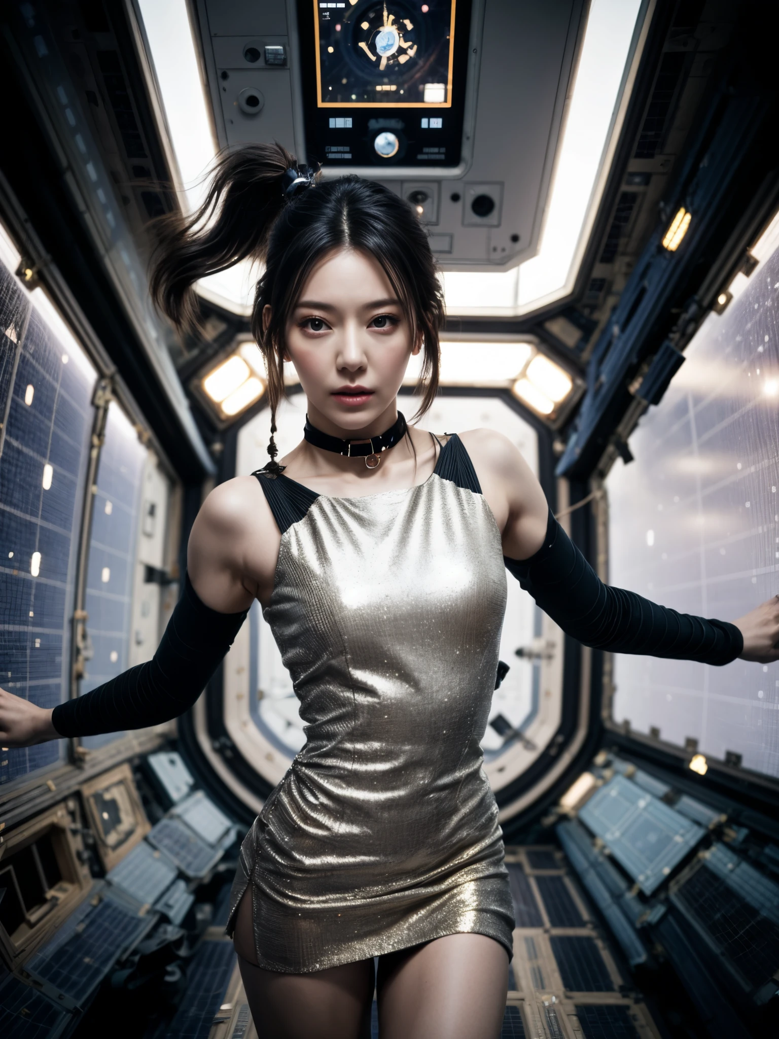 1girl, floating, space station, zero gravity, wear shimmering minidress, choker, looking at viewer, detailed face, very long hair, enclosed room, dynamic angle, cinematic, implication of slow movement, ponytail, black hair, random flare, hasselblad, uhd, masterpiece, super details, high quality, 