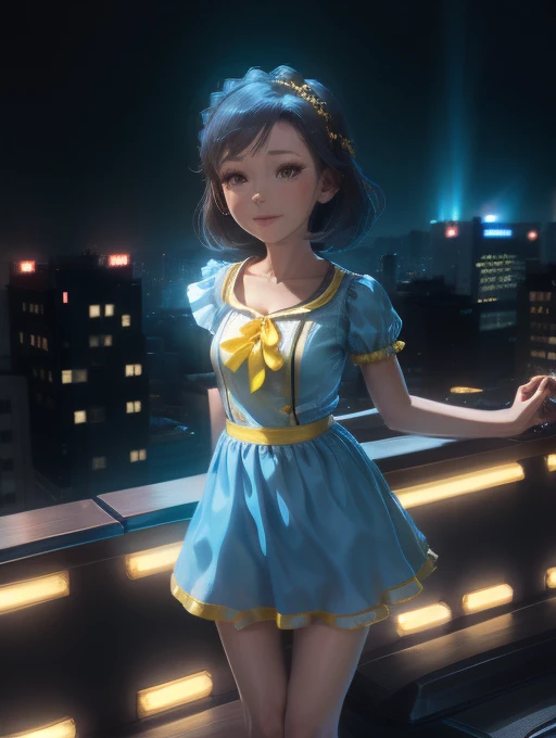 yuriko nanao (million live), 1 girl, Solo, Best Quality, masutepiece, 8K, High resolution, Ultra-detailed, (((It is located on the rooftop, Night view))), lightsmile, Light blue dress, Sailor Color Dress, Short sleeves, Puffy sleeves, Yellow cardigan,
