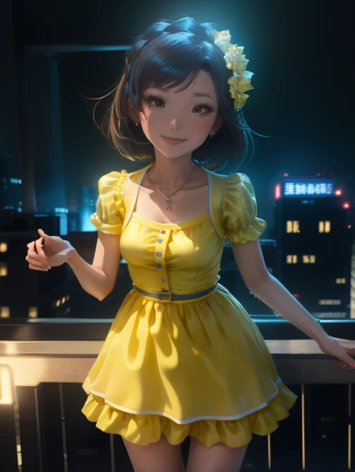yuriko nanao (million live), 1 girl, Solo, Best Quality, masutepiece, 8K, High resolution, Ultra-detailed, (((It is located on the rooftop, Night view))), lightsmile, Light blue dress, Sailor Color Dress, Short sleeves, Puffy sleeves, Yellow cardigan,