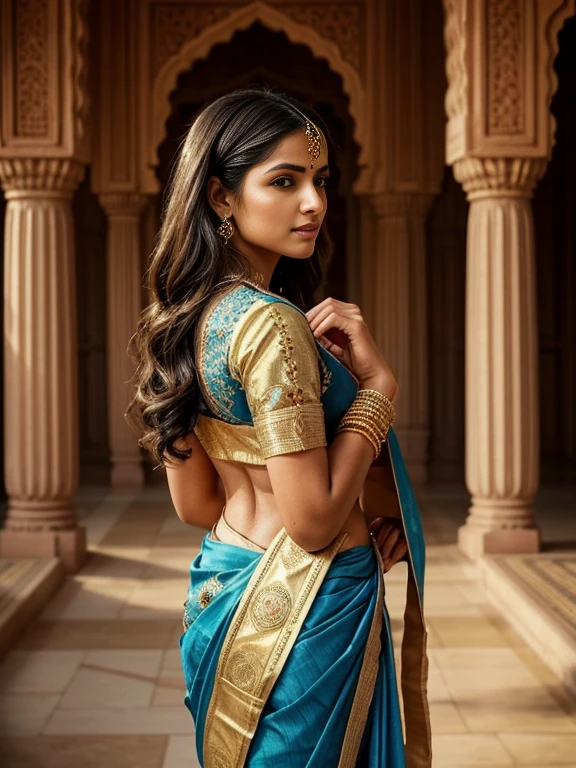 "An image unfolds in front of your eyes, capturing the essence of timeless grace and spirituality. In the heart of India, a woman in her forties stands before you, a symbol of the country's rich cultural heritage. Her appearance is a testament to the enduring beauty of Indian traditions. Her hair, a deep, lustrous black, cascades down her back in voluminous, elegant curls. The tendrils frame her face, accentuating her warm, expressive eyes. Her face carries the wisdom of her years, etched with the lines of a life well-lived. Her skin is a rich, fair tone, . The woman is draped in the finest of traditional Indian attire, a blue gold plated saree. A saree, the epitome of grace and femininity, drapes her form. Its fabric is a rich, blue color, perhaps a royal blue, adorned with intricate patterns and embellishments. The saree flows elegantly from her shoulders, caressing the ground as she stands. Her blouse, a perfect complement to the saree, is intricately designed with delicate embroidery and beadwork. The traditional attire is not just clothing; it is an embodiment of India's cultural heritage and a reflection of her own inner strength and beauty. Her hands are brought together in front of her chest in a gesture of prayer, the palms gently pressed against each other. This 'Namaste' gesture is not just a greeting; it is a profound acknowledgment of the divine within oneself and in others. Her fingers, adorned with intricate henna designs, touch with reverence. In the backdrop, a huge indian ancient gold palace, one of the most iconic monuments in the world, stands as a testament to eternal love. Its pristine gold marble glistens in the soft, golden light of the setting sun. The intricate details of its architecture are a marvel to behold, with delicate minarets and ornate domes. The palace appears almost ethereal, its grandeur a perfect complement to the woman's elegance.