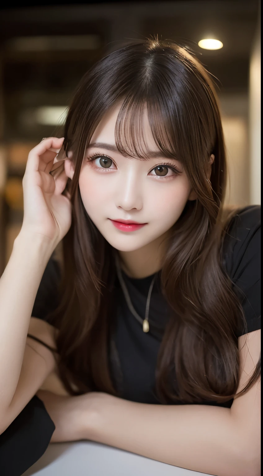 Tabletop, highest quality, shape, Very detailed, finely, High resolution, 8k wallpaper, 完璧なダイナミックな構shape, Beautiful and exquisite,ランダムなcute髪,,Natural color lip、20-year-old girl、cute、Looking into the camera,Always blur the background,Perfect and beautiful face,Slim face and figure,Big eyes、Putting on gal makeup,Small face,Shooting from below、Blurred Background,Elegant feminine face、Cyberpunk Fashion、smile、Change pose randomly、Randomly change the shooting angle and position、Crossing your legs