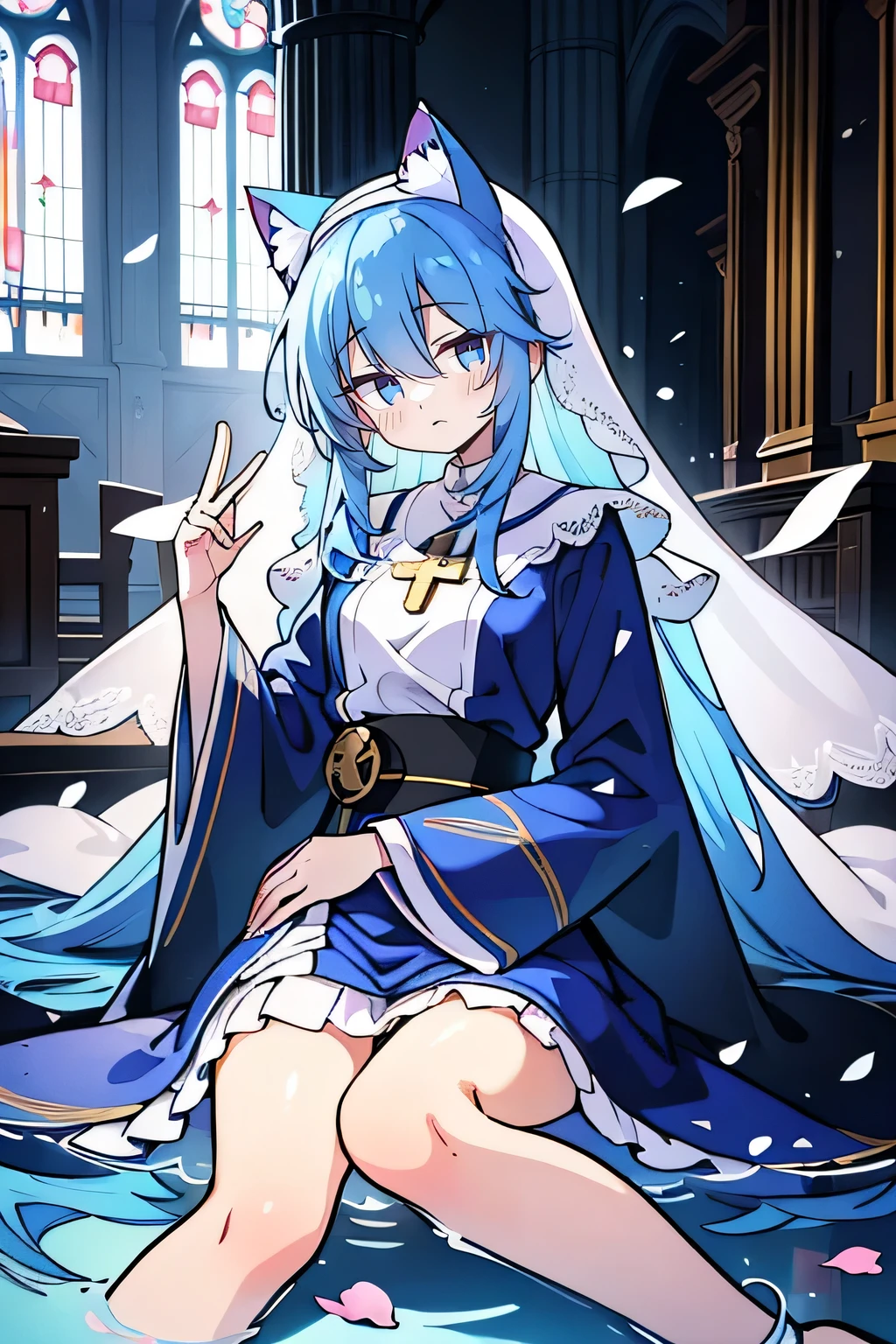 (masterpiece:1.2),Extremely detailed,Practical,expressive eyes,Fair skin,Perfect face shaping,1 Girl,
Japanese cartoons,Gorgeous blue hair, the long flowing blue hair,Floating clothes,Cat ears,Petals fall,beautiful lola,Young Angel,
Place your hands on your waist,sit elegantly on the ground,Cross your legs,Gentle and peaceful background,church,Nun&#39;s Clothes,back view,lie on the water. 