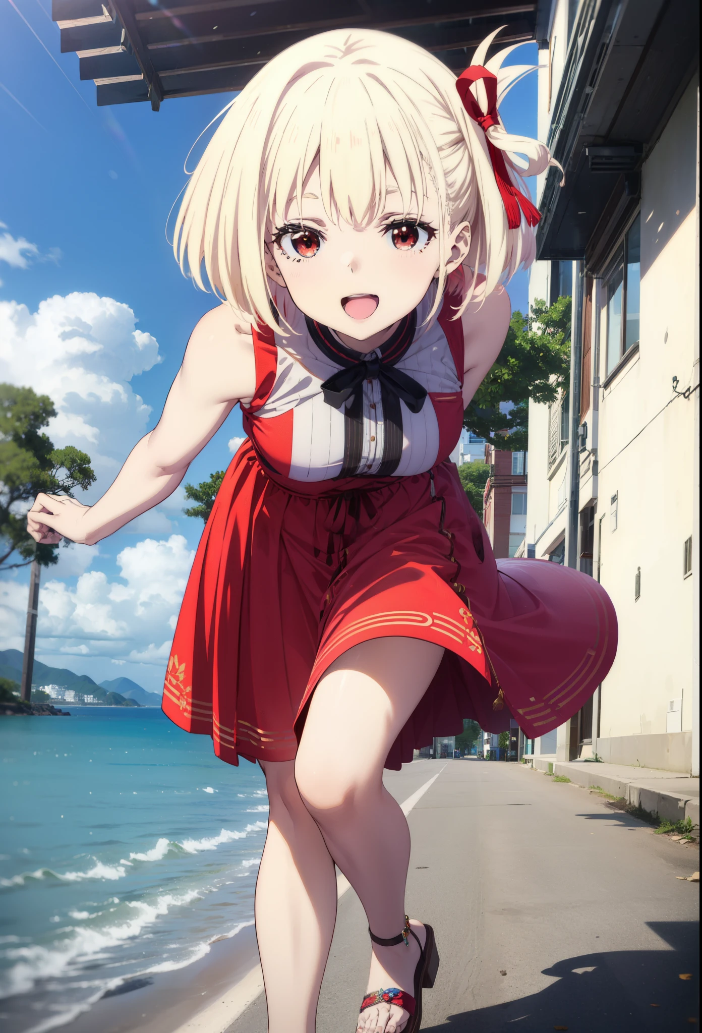 chisatonishikigi, Chisato Nishikigi, short hair, bangs, blonde, (Red eyes:1.5), Hair Ribbon, One side up, Bobcut,happy smile, smile, Open your mouth,
Open your mouth, Red sleeveless dress,Bare arms,Red long skirt,Cute Sandals,whole bodyがイラストに入るように,Walking,Daytime,sunny, walk,Looking up from below,break looking at viewer,whole body,break outdoors, In town,Coastal Road, break (masterpiece:1.2), highest quality, High resolution, unity 8k wallpaper, (shape:0.8), (Beautiful details:1.6), Highly detailed face, Perfect lighting, Extremely detailed CG, (Perfect hands, Perfect Anatomy),