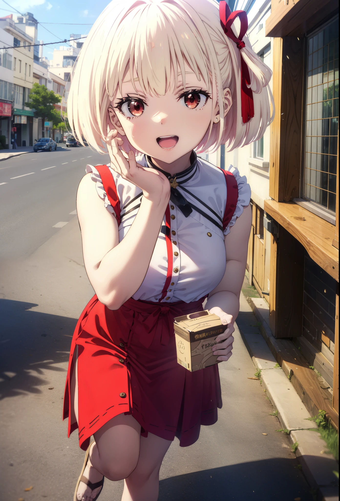 chisatonishikigi, Chisato Nishikigi, short hair, bangs, blonde, (Red eyes:1.5), Hair Ribbon, One side up, Bobcut,happy smile, smile, Open your mouth,
Open your mouth, Red sleeveless dress,Bare arms,Red long skirt,Cute Sandals,whole bodyがイラストに入るように,Walking,Daytime,sunny, walk,Looking up from below,break looking at viewer,whole body,break outdoors, In town,Coastal Road, break (masterpiece:1.2), highest quality, High resolution, unity 8k wallpaper, (shape:0.8), (Beautiful details:1.6), Highly detailed face, Perfect lighting, Extremely detailed CG, (Perfect hands, Perfect Anatomy),