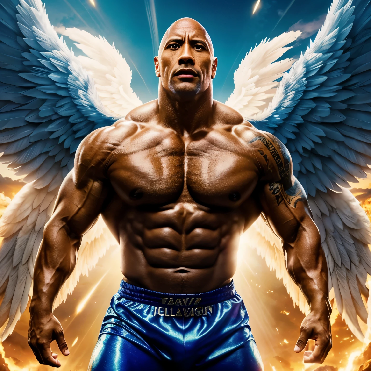 1man, Dwayne Johnson as an bible Angel, protecting Heaven gates, angelic, bright halo, athletic pose, colorful image, cartoonish style, funny, bright, huge contrast, upper body focus, highly detailed, 8k, hyperrealistic, cinematic lighting, bold colors, dynamic composition, exaggerated features, comical expression