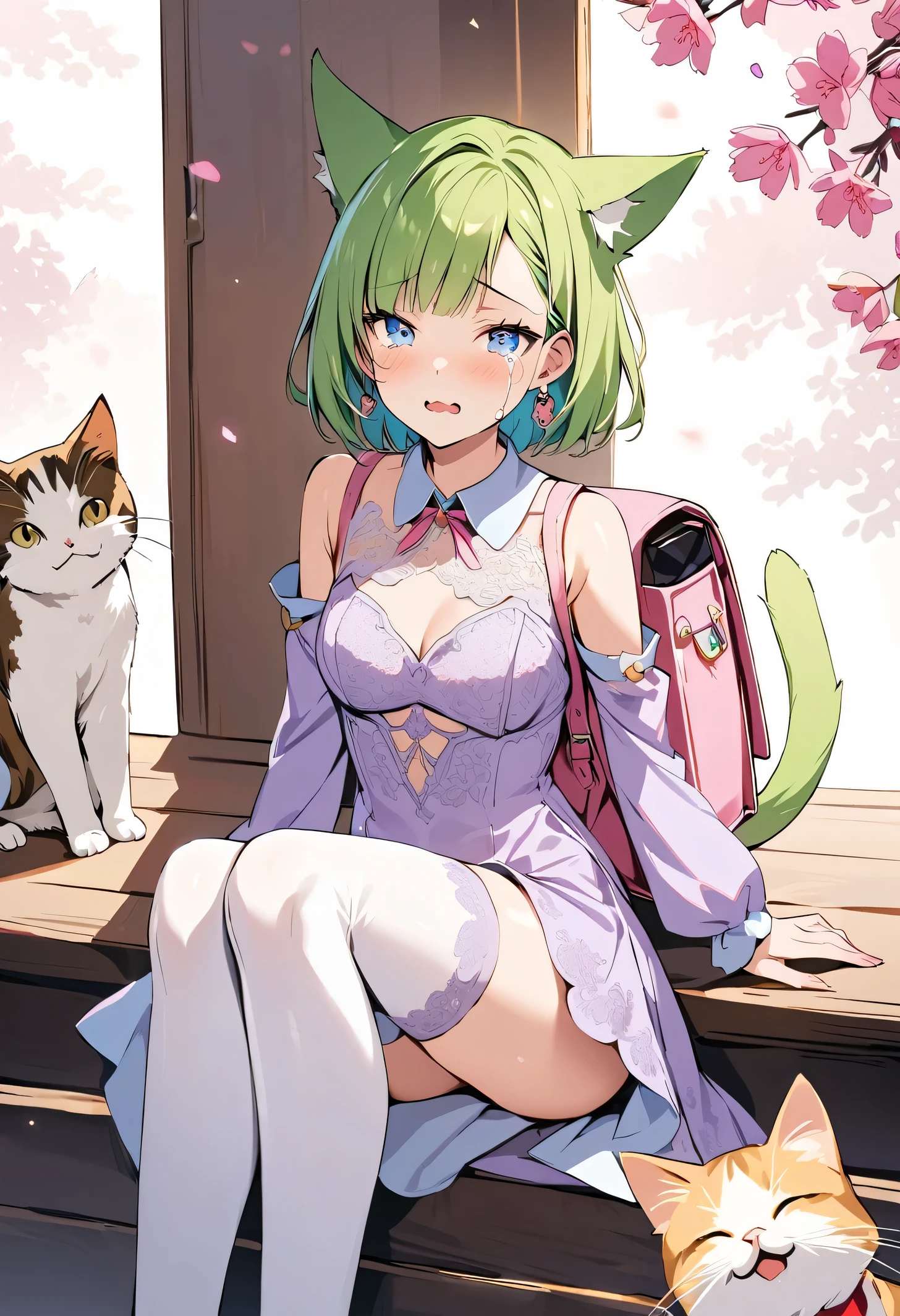masterpiece, best quality, novel illustration, highres, 18+ mature content, sensual, intimate, emotional, passionate, romantic, sweet, endearing, innocent, pure, captivating, alluring, enticing, mysterious, enchanting, captivating, immersive, mesmerizing, dreamlike, surreal, imaginative, whimsical, artistic, avant-garde, timeless, elegant, sophisticated, chic, refined, unique, original, mesmerizing,1girl,deltamon_beta, solo, blue eyes, thighhighs, animal ears, bare shoulders, blue tail, earrings,detached sleeves, green hair, sleeveless, cat ears, bag, white thighhighs, cat tail,pink backpack,pink randseru,Lavender Lace: A lavender lace dress with a Peter Pan collar, paired with ivory tights and Mary Jane shoes.,Cherry blossom viewing, Azalea, Satsuki, Azalea blizzard,
Rest ((Avoided by ((kitten)), crying face))