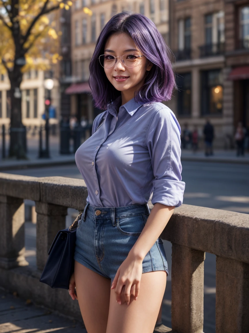 (1 lady), (Best quality at best:1.4), (ultra - detailed), (extremely detailed CG unified 16k), A Beautiful Woman with Perfect Figure: 1.4, Sharp Focus: 1.2, purple hair, very detailed, High-definition RAW color photo, professional photoshooting, amazing face and eyes, cosmetics, (amazingly beautiful girl), ((kotomi)), ((exact clothes: short blue jeans, navy blue shirt, glasses)), (looking cute, beautiful smile, joy), (City park, extremely detailed background, realistic background, first date vibes), (look from above, looking at viewer), realistic cinematic face, head to feet long wide zoomed out view, full body long view, photorealistic, ((realistic natural purple hair style, purple eyes)), gorgeous, extremely beautiful face, pretty face, delicate girl, skinny but in good shape, perfect model beauty, pout mouth, Highly Detailed Face and Skin Texture, Detailed Eyes, Double Eyelids, Medium size breasts, shy but motivated expression, (masterpiece), best quality, high resolution, extremely detailed, cinematic lighting, amazing legs, clear and well-cared skin, (milky pale skin, white skin like milk), (symmetrical body, correlative size body parts)