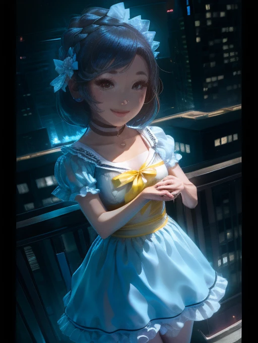 yuriko nanao (million live), 1 girl, Solo, Best Quality, masutepiece, 8K, High resolution, Ultra-detailed, (((It is located on the rooftop, Night view))), lightsmile, Light blue dress, Sailor Color Dress, Short sleeves, Puffy sleeves, Yellow cardigan,