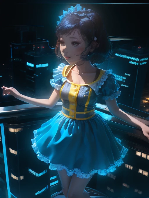 yuriko nanao (million live), 1 girl, Solo, Best Quality, masutepiece, 8K, High resolution, Ultra-detailed, (((It is located on the rooftop, Night view))), lightsmile, Light blue dress, Sailor Color Dress, Short sleeves, Puffy sleeves, Yellow cardigan,