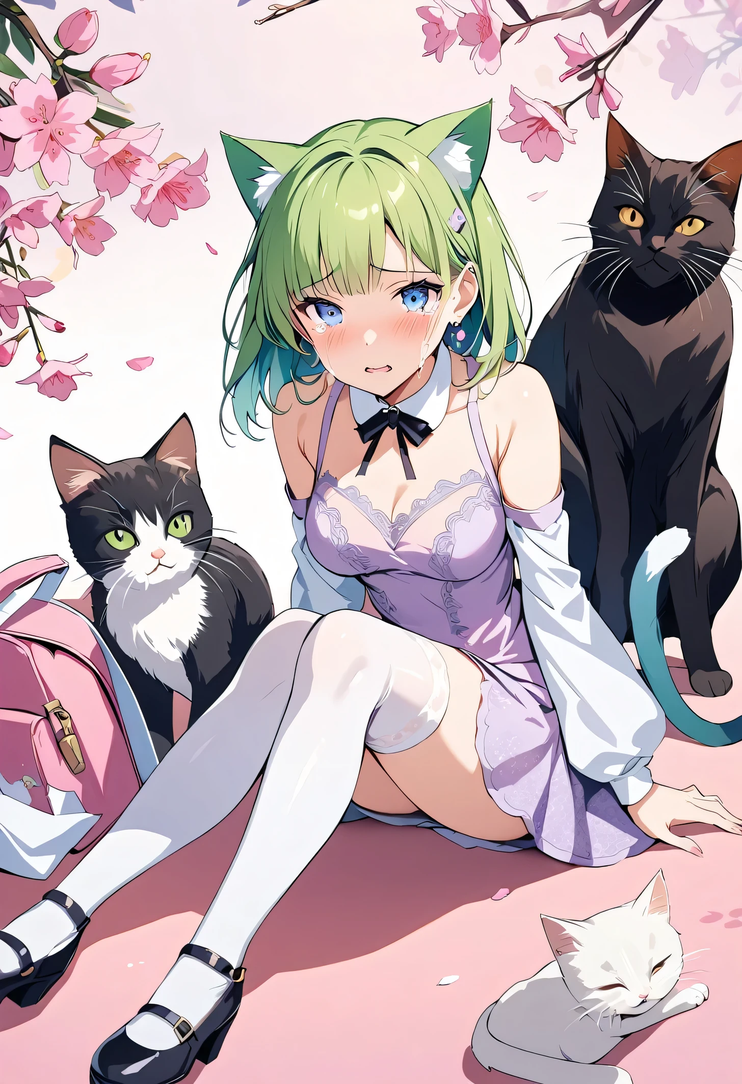 masterpiece, best quality, novel illustration, highres, 18+ mature content, sensual, intimate, emotional, passionate, romantic, sweet, endearing, innocent, pure, captivating, alluring, enticing, mysterious, enchanting, captivating, immersive, mesmerizing, dreamlike, surreal, imaginative, whimsical, artistic, avant-garde, timeless, elegant, sophisticated, chic, refined, unique, original, mesmerizing,1girl,deltamon_beta, solo, blue eyes, thighhighs, animal ears, bare shoulders, blue tail, earrings,detached sleeves, green hair, sleeveless, cat ears, bag, white thighhighs, cat tail,pink backpack,pink randseru,Lavender Lace: A lavender lace dress with a Peter Pan collar, paired with ivory tights and Mary Jane shoes.,Cherry blossom viewing, Azalea, Satsuki, Azalea blizzard,
Rest ((Avoided by ((kitten)), crying face))