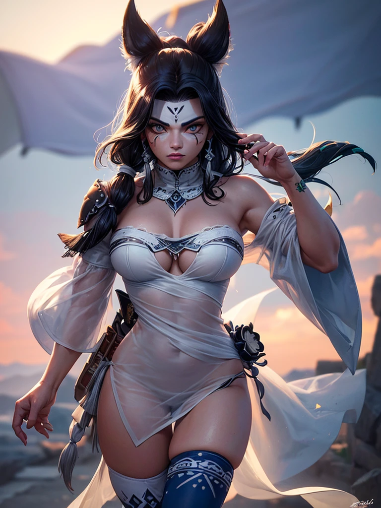 obra maestra, Disparo de vaquero, (1mujer), (Zorro blanco), (Vestimenta tribal:1.2), (Hermosos ojos azules), tetas grandes y pesadas, sheer bodycon dress ((tribal (Aquila) tatuaje)), colores blanco y azul, Fondo brumoso, dynamic pose, (mirando al espectador), (vista frontal),( lobo blanco:1.4),cuerpo detallado ,(manos:1.4),(desde el cielo), (bokeh:1.2),8K, 。...............................3d, realista, Ultramicrophotography, Of the highest quality, Super detalle CG Unity 8K