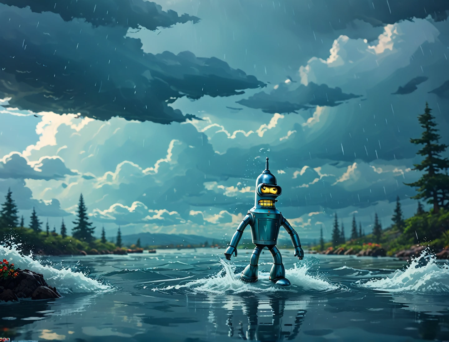 bender walking on water in a storm, masterpiece, best quality, high quality, extremely detailed CG unit 8k wallpaper, award winning photography, Bokeh, Depth of Field, HDR, bloom, Chromatic aberration, photorealistic, extremely detailed, trending on artstation, trending on CGsociety, intricate, high detail, dramatic, mid-journey art, volumetric lighting