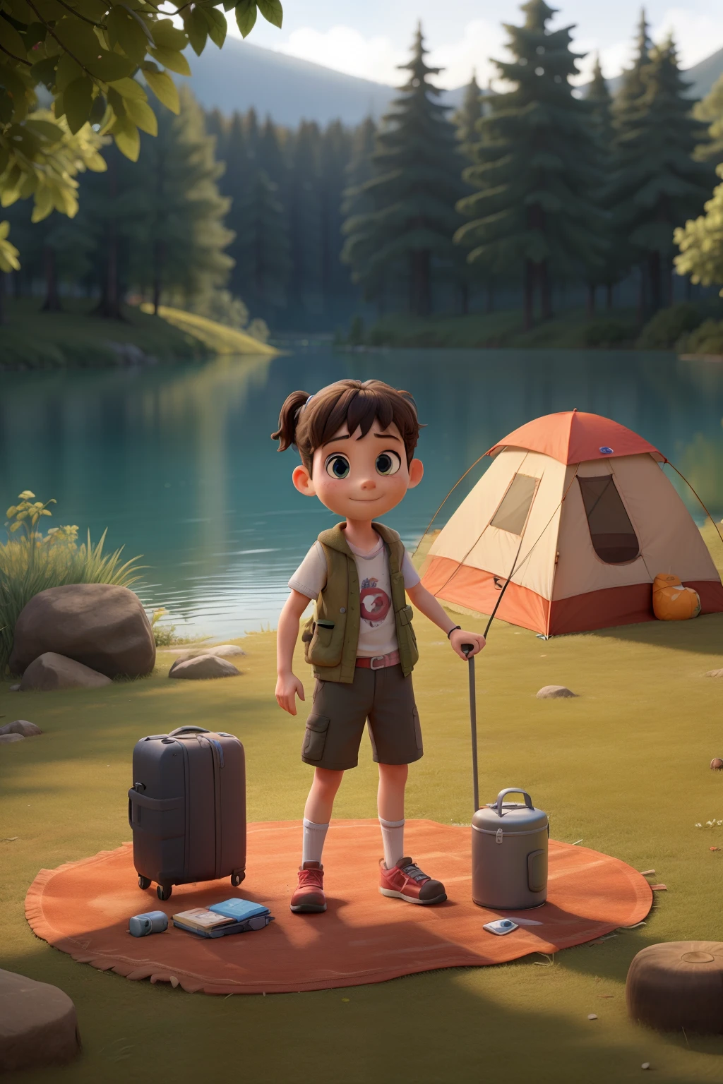 stand eight years old girl are camping activity in lake