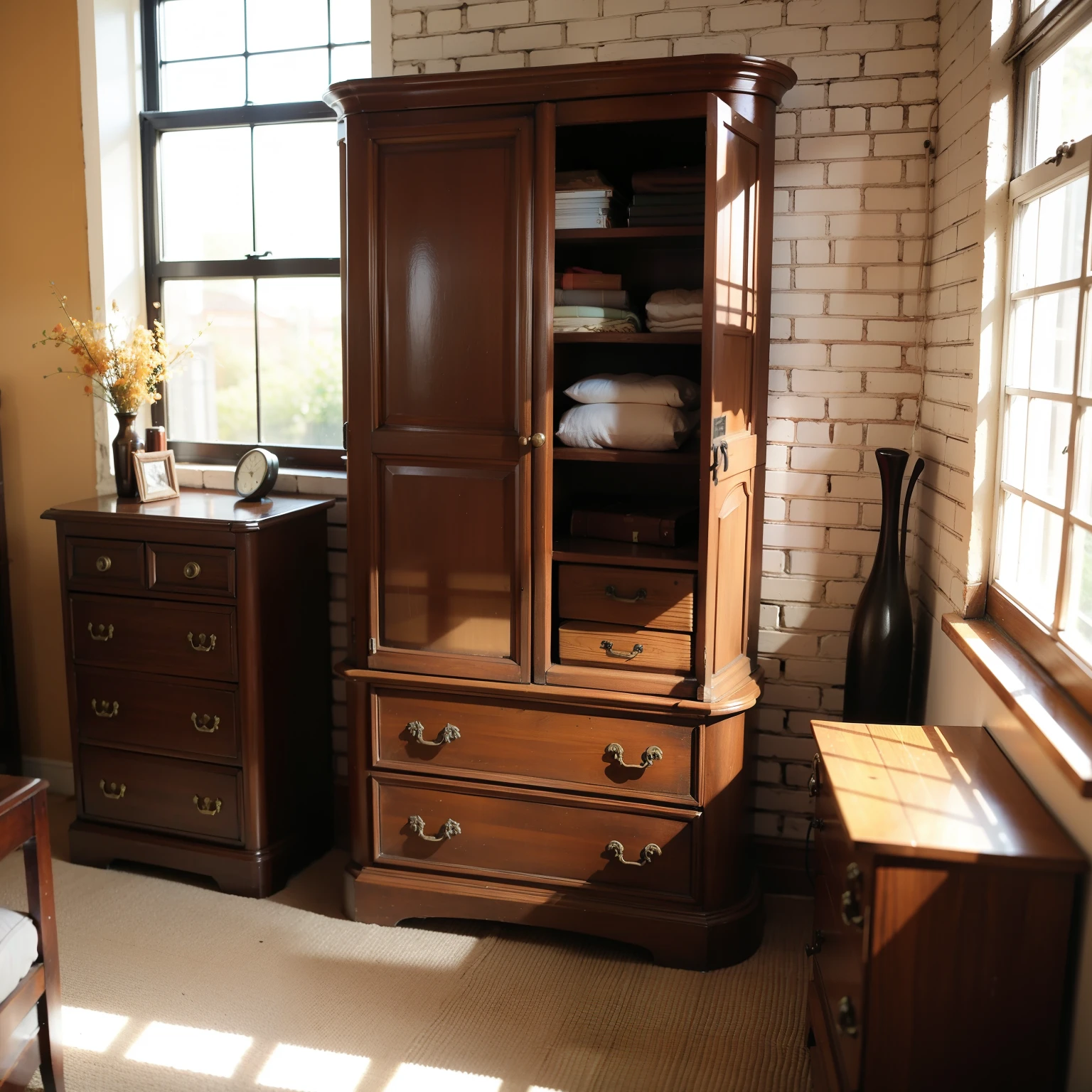 create a realistic photo of a room in a tenement house with orange brick walls in 19th century Poland, walls made of old 19th century bricks in shades of dark orange, wardrobe, chest of drawers and other furniture and decorations, retro, vintage style, warm colors , subdued, 1:1 proportion, views from different sides, realistic photo, old school style, photorealistic, 3D rendering.