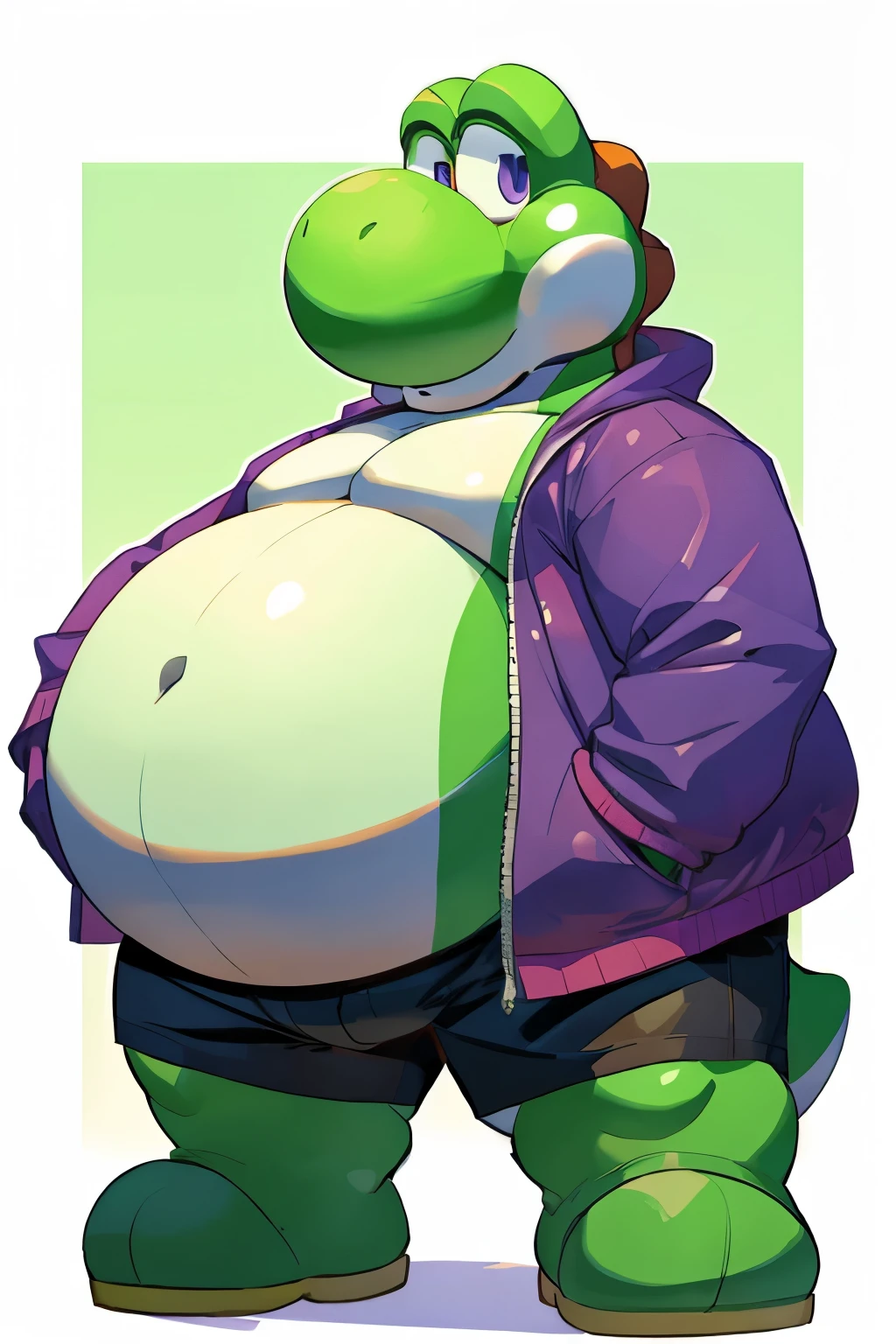 green yoshi from //mario series// menace pose, obese, very very fat,big belly and body, male, anthro,fat,solo, wearing purple crocs, fullbody shot, simple background, wearing a open in half purple jacket with, dark green shorts, tail, looking at viewer, casual, simple shadows, simple clear lines