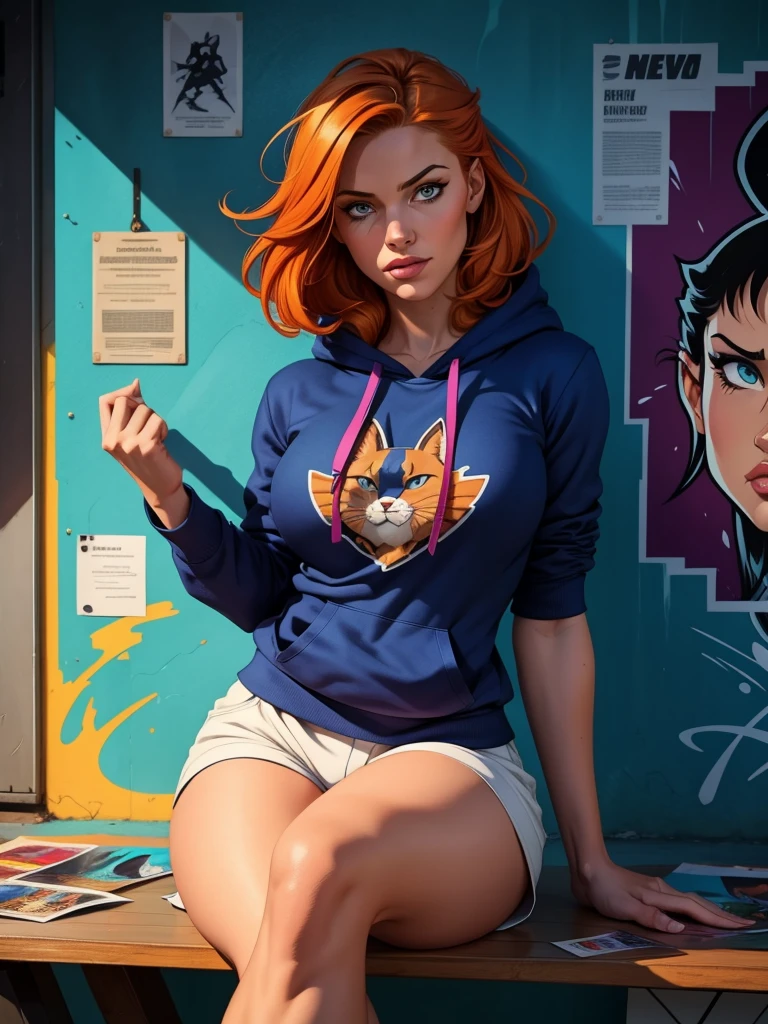a girl in a hoodie and shorts painting graffiti on the wall, ginger cat rubbing against her leg arching its back, comic book style, simple line art, subdued colors, beautiful detailed eyes, beautiful detailed lips, extremely detailed face, intricate details, dynamic composition, vibrant urban setting, strong shadows and highlights, moody atmosphere, photorealistic, 8k, high quality, masterpiece