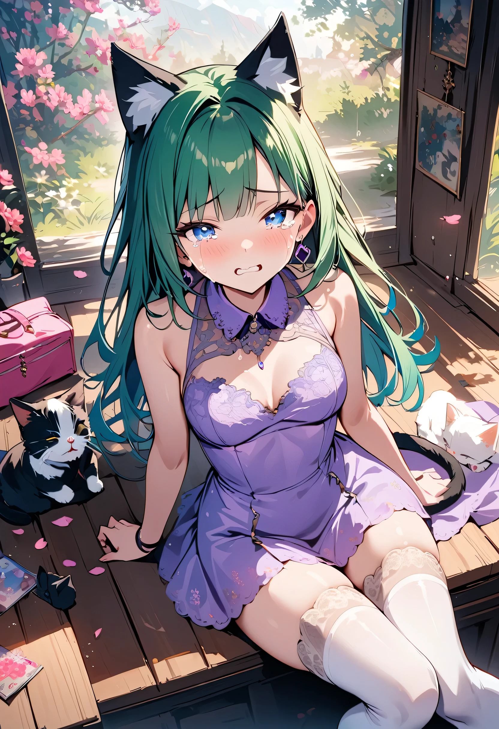 masterpiece, best quality, novel illustration, highres, 18+ mature content, sensual, intimate, emotional, passionate, romantic, sweet, endearing, innocent, pure, captivating, alluring, enticing, mysterious, enchanting, captivating, immersive, mesmerizing, dreamlike, surreal, imaginative, whimsical, artistic, avant-garde, timeless, elegant, sophisticated, chic, refined, unique, original, mesmerizing,1girl,deltamon_beta, solo, blue eyes, thighhighs, animal ears, bare shoulders, blue tail, earrings,detached sleeves, green hair, sleeveless, cat ears, bag, white thighhighs, cat tail,pink backpack,pink randseru,Lavender Lace: A lavender lace dress with a Peter Pan collar, paired with ivory tights and Mary Jane shoes.,Cherry blossom viewing, Azalea, Satsuki, Azalea blizzard,
Rest ((Avoided by ((kitten)), crying face))