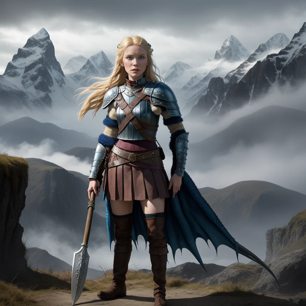 "Create an image of the character Astrid Hofferson from the movie 'How to Train Your Dragon'. Astrid is a young Viking with braided blonde hair, blue eyes, and a courageous and determined appearance. She wears a leather armor with spikes on the shoulders, a skirt made of furs, and sturdy boots. Astrid is holding her characteristic axe and is standing next to her dragon, Stormfly, a vibrant blue Deadly Nadder. The scene should be set in a typical Viking village of Berk, with mountains and dragons flying in the background."