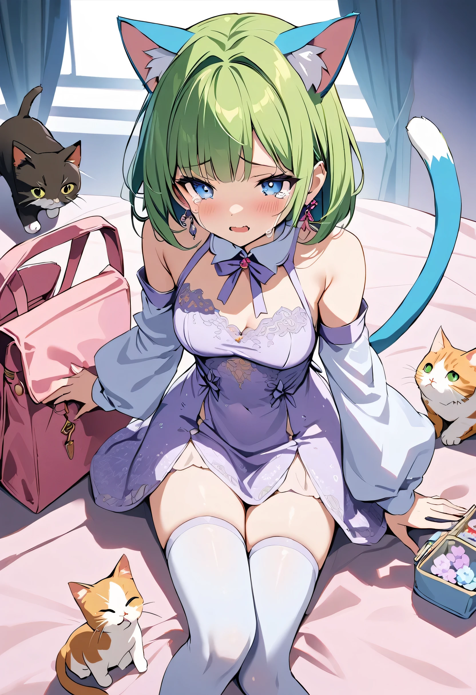 masterpiece, best quality, novel illustration, highres, 18+ mature content, sensual, intimate, emotional, passionate, romantic, sweet, endearing, innocent, pure, captivating, alluring, enticing, mysterious, enchanting, captivating, immersive, mesmerizing, dreamlike, surreal, imaginative, whimsical, artistic, avant-garde, timeless, elegant, sophisticated, chic, refined, unique, original, mesmerizing,1girl,deltamon_beta, solo, blue eyes, thighhighs, animal ears, bare shoulders, blue tail, earrings,detached sleeves, green hair, sleeveless, cat ears, bag, white thighhighs, cat tail,pink backpack,pink randseru,Lavender Lace: A lavender lace dress with a Peter Pan collar, paired with ivory tights and Mary Jane shoes.,Cherry blossom viewing, Azalea, Satsuki, Azalea blizzard,
Rest ((Avoided by ((kitten)), crying face))