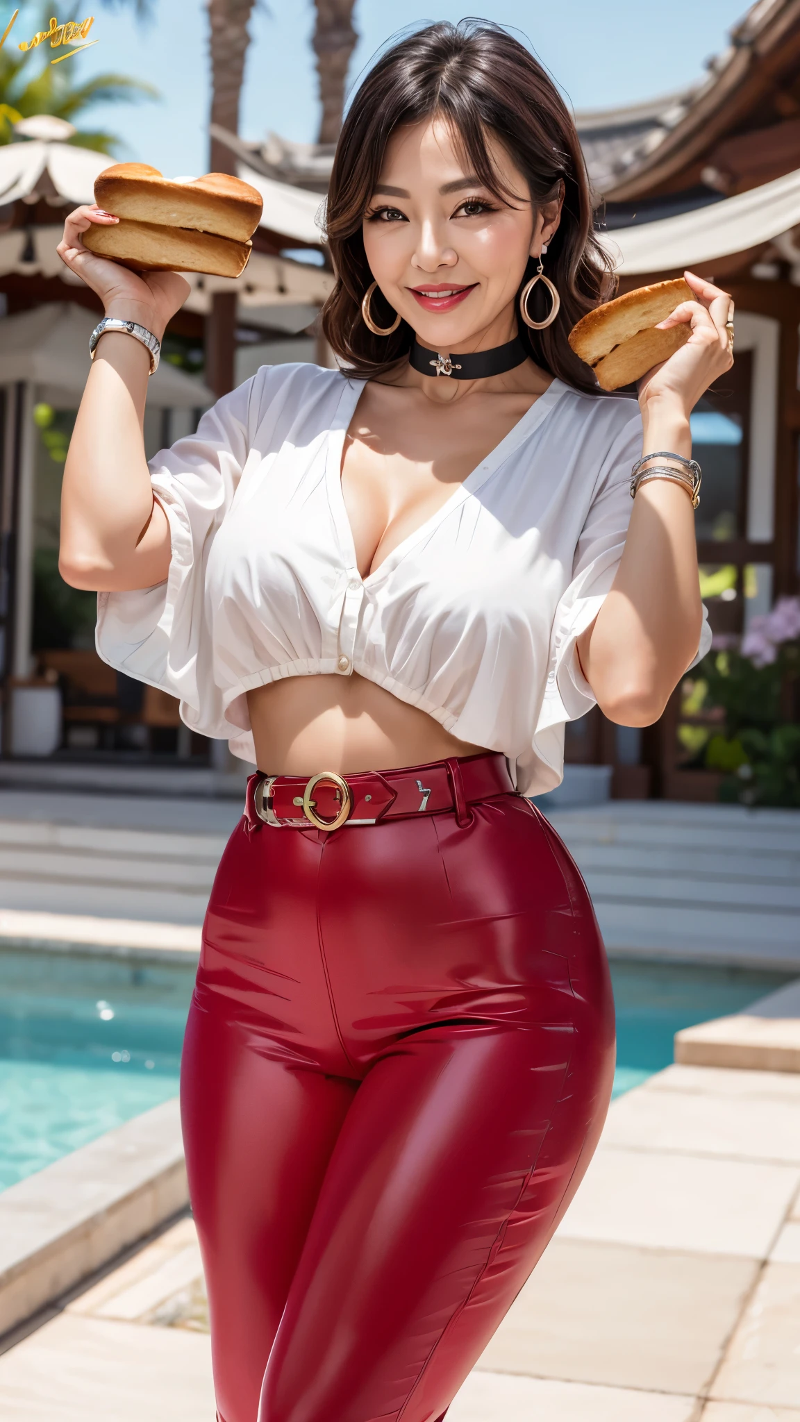 75 years old Mom MILF Korean, Lady large earring Big choker navel piercing decoration A bracelet Silver Hair realisitic Gorgeous Madame Beautiful Mature Woman sexy Smile Gentle woman navel piercing 4K High quality ベーカリーショップ bread summer belt Gorgeous Madame Beautiful Mature Woman