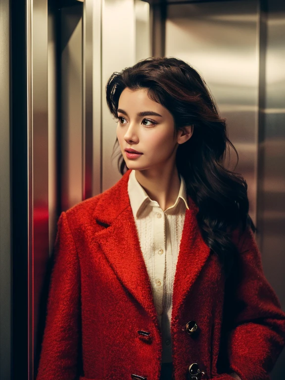 (masterpiece:1.3), (8K, Photorealsitic, Raw photography, top-quality: 1.4), (1girl in), (A pretty woman with slim figure:1.4), (enigmatic beauty: 1.0), stunning face, beautiful countenance, (Lifelike face), Beautiful hairstyle, Black hair, Long hair, Wavy hairstyle, realisticeyes, beautiful detail, (real looking skin), Beautiful skins, enticing, The ultra -The high-definition, A hyper-realistic, ighly detailed. Leaving elevator, Is walking. (Red long woolen coat #(G: 30, R: 255, B: 30): 1.4), (White dress #FFFFF: 1.2), (Red high heel #(G: 30 R: 255, B: 30): 1.2), (Red long woolen coat #(G: 30, R: 255, B: 30): 1.4), (White dress #FFFFF: 1.2). Background: (the elevator hall has skin-tone marble wall #(G: 218, R: 255, B: 182): 1.3), inside the elevator is warm light