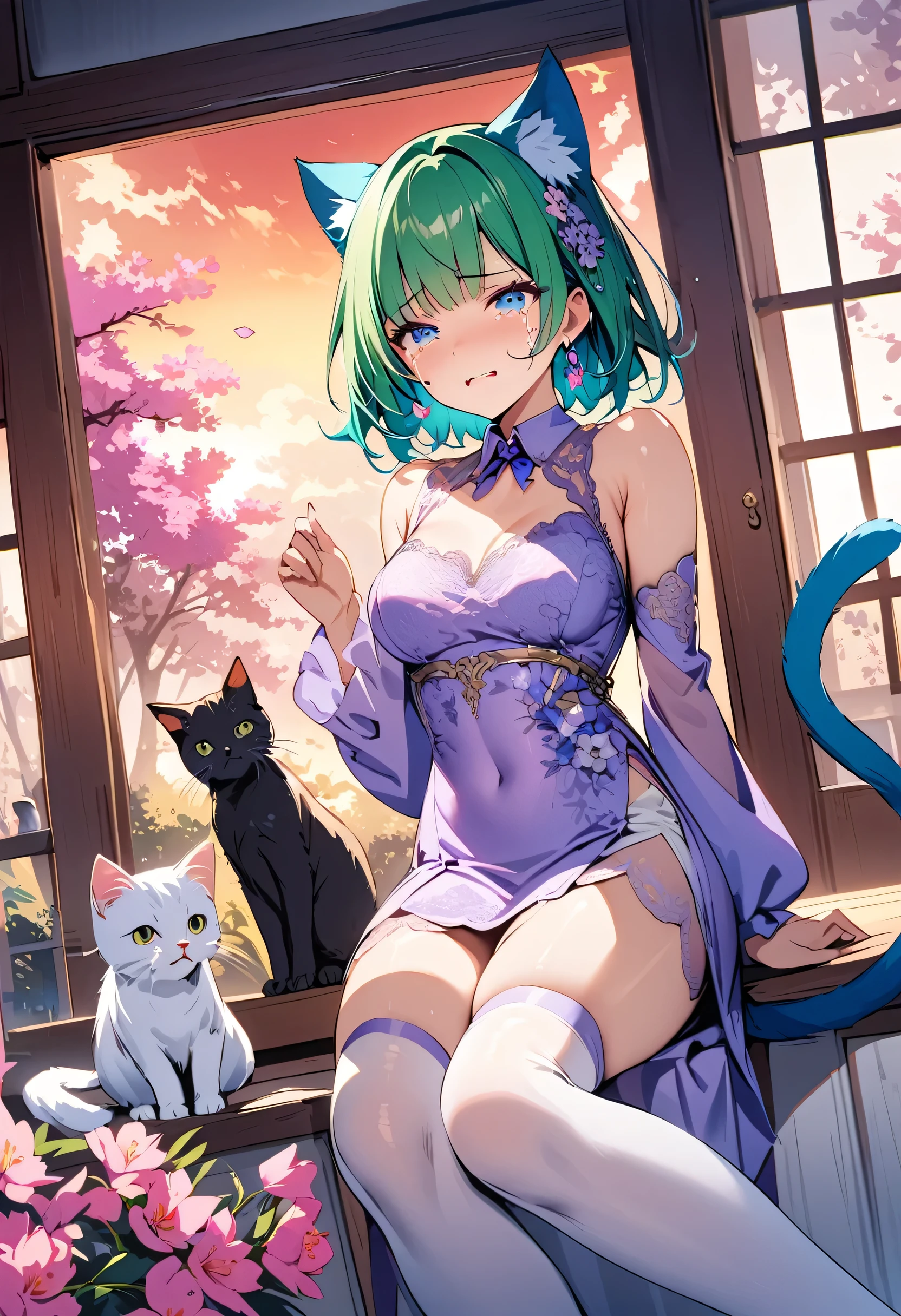 masterpiece, best quality, novel illustration, highres, 18+ mature content, sensual, intimate, emotional, passionate, romantic, sweet, endearing, innocent, pure, captivating, alluring, enticing, mysterious, enchanting, captivating, immersive, mesmerizing, dreamlike, surreal, imaginative, whimsical, artistic, avant-garde, timeless, elegant, sophisticated, chic, refined, unique, original, mesmerizing,1girl,deltamon_beta, solo, blue eyes, thighhighs, animal ears, bare shoulders, blue tail, earrings,detached sleeves, green hair, sleeveless, cat ears, bag, white thighhighs, cat tail,pink backpack,pink randseru,Lavender Lace: A lavender lace dress with a Peter Pan collar, paired with ivory tights and Mary Jane shoes.,Cherry blossom viewing, Azalea, Satsuki, Azalea blizzard,
Rest ((Avoided by ((kitten)), crying face))