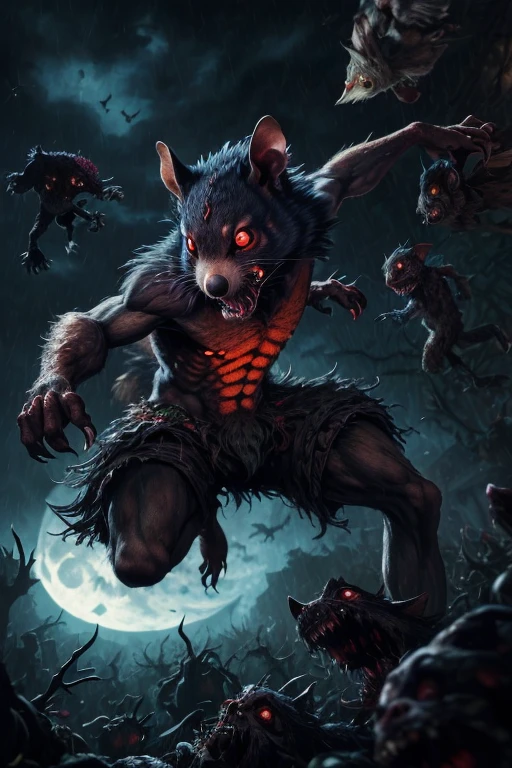 A hyper-realistic digital illustration of a nocturnal flying squirrel, under a mostly cloudy sky with dark clouds and red eyes illuminated by the light of a full moon, being viciously attacked by a swarm of decomposing zombies. With its distinctive black fur and bright cyan hair, the squirrel is shown with its mouth open in a terrified scream, while the zombies, characterized by sharp teeth and black scales, hover menacingly in the air, leaving a trail of rained debris behind them. The stunning artwork is rendered in 8K Ultra High Definition with a 1.2 aspect ratio, capturing every minute detail for an immersive viewing experience.