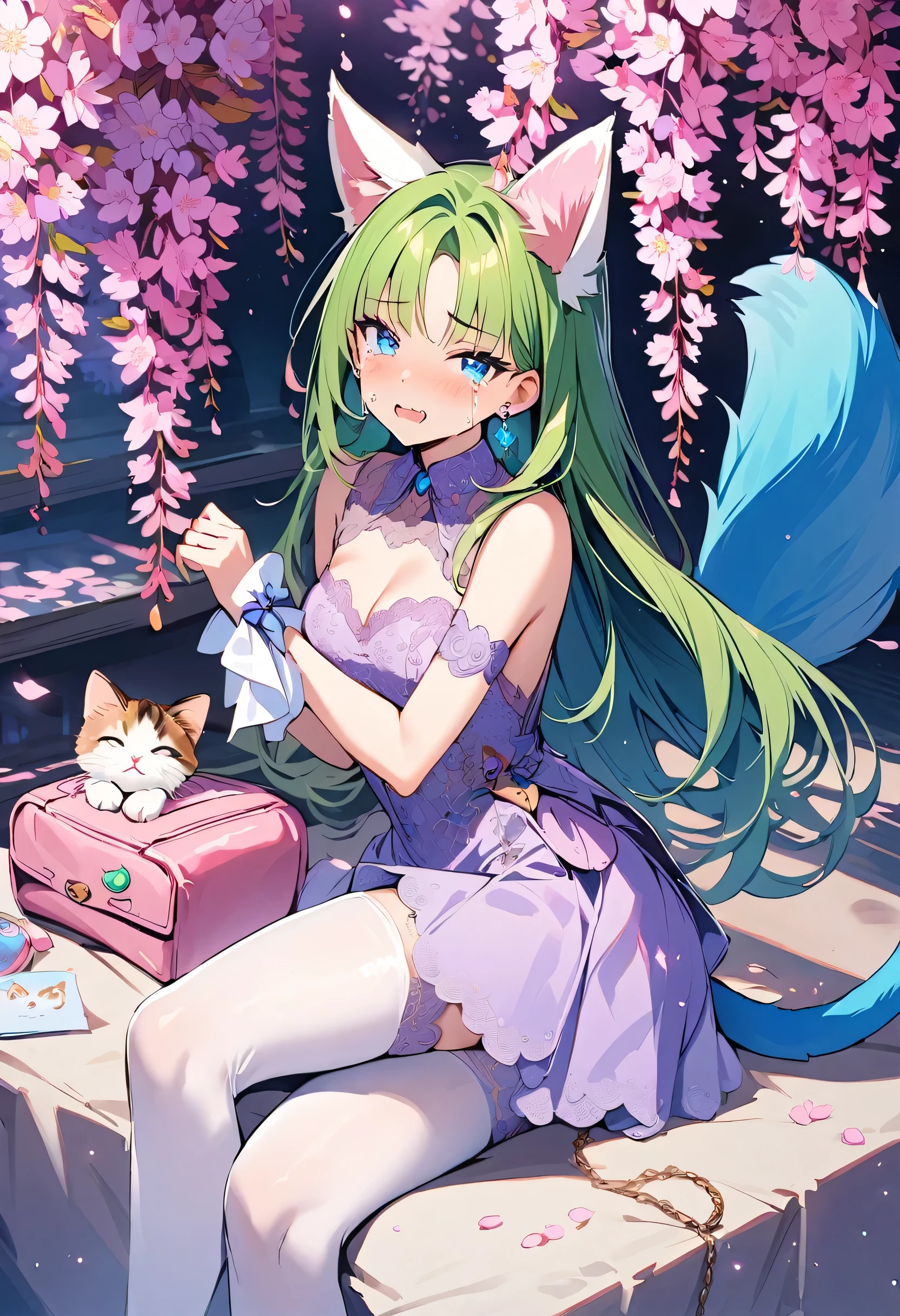 masterpiece, best quality, novel illustration, highres, 18+ mature content, sensual, intimate, emotional, passionate, romantic, sweet, endearing, innocent, pure, captivating, alluring, enticing, mysterious, enchanting, captivating, immersive, mesmerizing, dreamlike, surreal, imaginative, whimsical, artistic, avant-garde, timeless, elegant, sophisticated, chic, refined, unique, original, mesmerizing,1girl,deltamon_beta, solo, blue eyes, thighhighs, animal ears, bare shoulders, blue tail, earrings,detached sleeves, green hair, sleeveless, cat ears, bag, white thighhighs, cat tail,pink backpack,pink randseru,Lavender Lace: A lavender lace dress with a Peter Pan collar, paired with ivory tights and Mary Jane shoes.,Cherry blossom viewing, Azalea, Satsuki, Azalea blizzard,
Rest ((Avoided by ((kitten)), crying face))