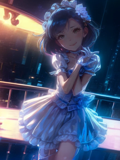 yuriko nanao (million live), 1 girl, Solo, Best Quality, masutepiece, 8K, High resolution, Ultra-detailed, (((It is located on the rooftop, Night view))), lightsmile, Light blue dress, Sailor Color Dress, Short sleeves, Puffy sleeves, Yellow cardigan,