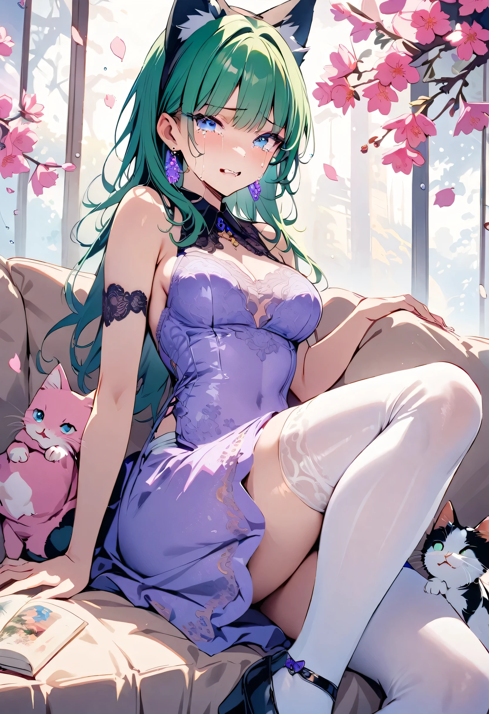 masterpiece, best quality, novel illustration, highres, 18+ mature content, sensual, intimate, emotional, passionate, romantic, sweet, endearing, innocent, pure, captivating, alluring, enticing, mysterious, enchanting, captivating, immersive, mesmerizing, dreamlike, surreal, imaginative, whimsical, artistic, avant-garde, timeless, elegant, sophisticated, chic, refined, unique, original, mesmerizing,1girl,deltamon_beta, solo, blue eyes, thighhighs, animal ears, bare shoulders, blue tail, earrings,detached sleeves, green hair, sleeveless, cat ears, bag, white thighhighs, cat tail,pink backpack,pink randseru,Lavender Lace: A lavender lace dress with a Peter Pan collar, paired with ivory tights and Mary Jane shoes.,Cherry blossom viewing, Azalea, Satsuki, Azalea blizzard,
Rest ((Avoided by ((kitten)), crying face))