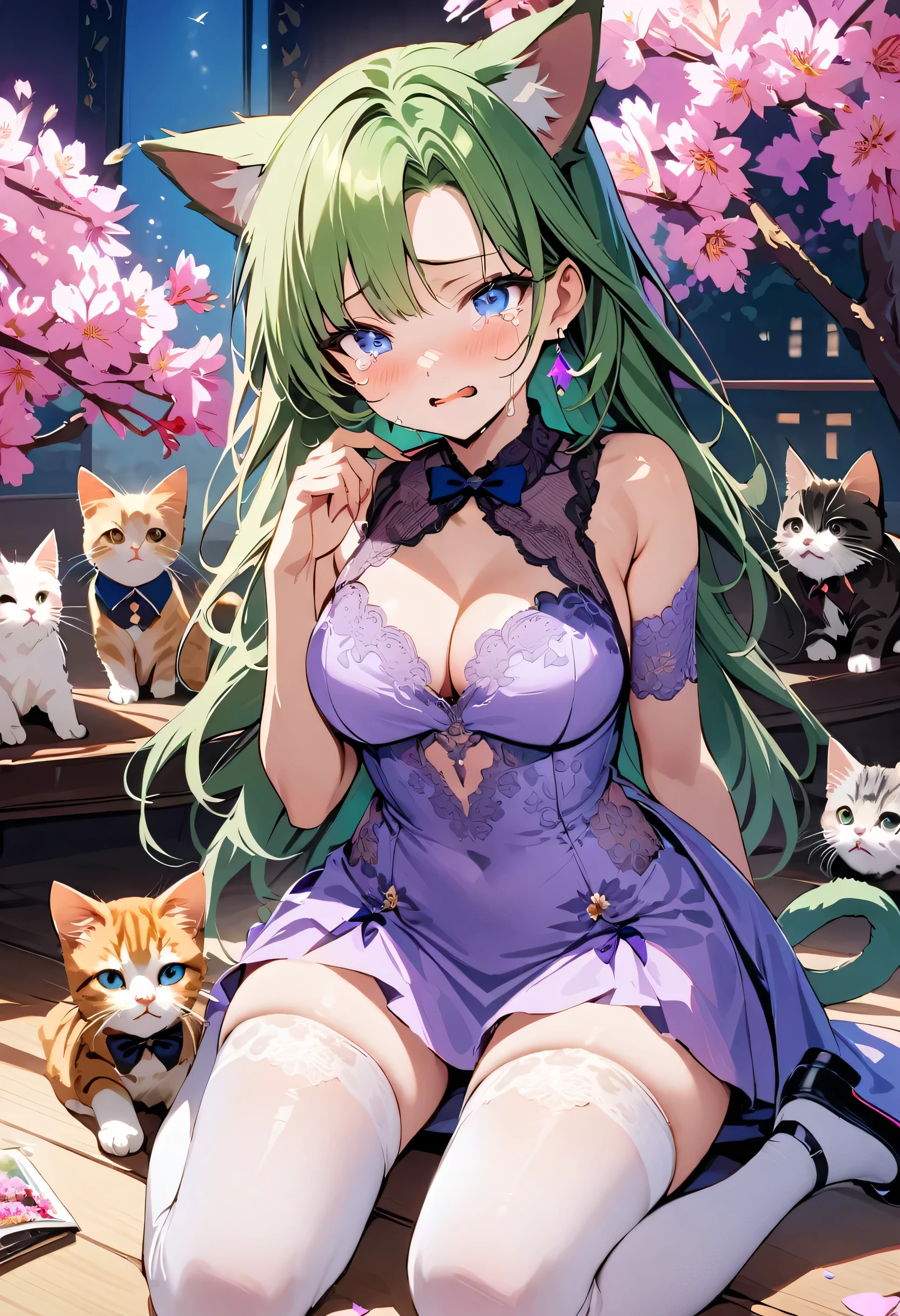 masterpiece, best quality, novel illustration, highres, 18+ mature content, sensual, intimate, emotional, passionate, romantic, sweet, endearing, innocent, pure, captivating, alluring, enticing, mysterious, enchanting, captivating, immersive, mesmerizing, dreamlike, surreal, imaginative, whimsical, artistic, avant-garde, timeless, elegant, sophisticated, chic, refined, unique, original, mesmerizing,1girl,deltamon_beta, solo, blue eyes, thighhighs, animal ears, bare shoulders, blue tail, earrings,detached sleeves, green hair, sleeveless, cat ears, bag, white thighhighs, cat tail,pink backpack,pink randseru,Lavender Lace: A lavender lace dress with a Peter Pan collar, paired with ivory tights and Mary Jane shoes.,Cherry blossom viewing, Azalea, Satsuki, Azalea blizzard,
Rest ((Avoided by ((kitten)), crying face))