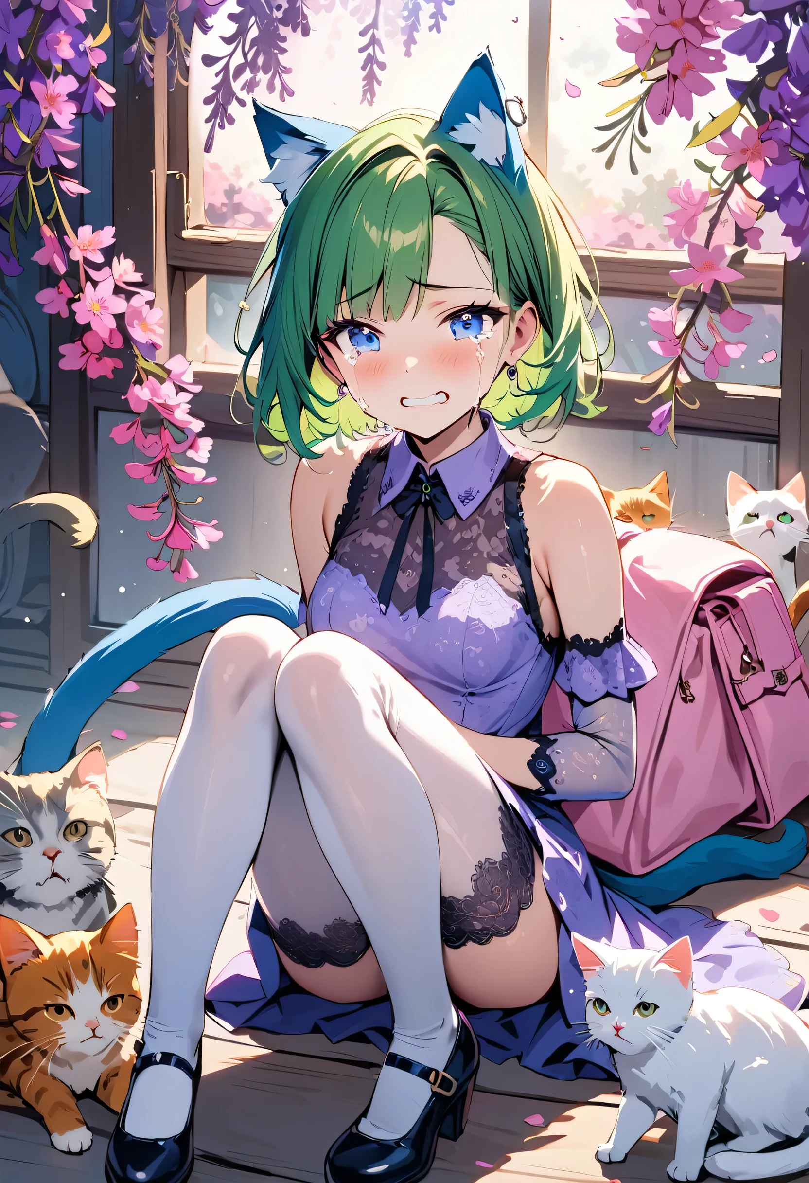 masterpiece, best quality, novel illustration, highres, 18+ mature content, sensual, intimate, emotional, passionate, romantic, sweet, endearing, innocent, pure, captivating, alluring, enticing, mysterious, enchanting, captivating, immersive, mesmerizing, dreamlike, surreal, imaginative, whimsical, artistic, avant-garde, timeless, elegant, sophisticated, chic, refined, unique, original, mesmerizing,1girl,deltamon_beta, solo, blue eyes, thighhighs, animal ears, bare shoulders, blue tail, earrings,detached sleeves, green hair, sleeveless, cat ears, bag, white thighhighs, cat tail,pink backpack,pink randseru,Lavender Lace: A lavender lace dress with a Peter Pan collar, paired with ivory tights and Mary Jane shoes.,Cherry blossom viewing, Azalea, Satsuki, Azalea blizzard,
Rest ((Avoided by ((kitten)), crying face))
