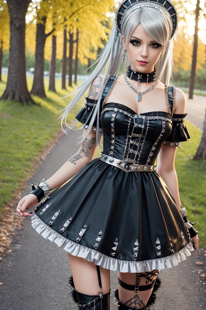 sexy stylish Swedish model, only 1 female, long multicolor stylish hair, ((shiny Punk-Style boots)), smile, Punk makeup, lipgloss, ((sexy Punk Lolita cosplay)), unconventional skirt, petticoats, high neckline, ((ultra detailed lace)), ((ultra detailed embroidery)), intricate details, tartan patterns, ((silver chains)), ((silver spikes)), ((safety pins)), Punk Lolita accessoires, Punk Lolita choker, ((large sparkling Punk Lolita jewelry)), cinematic light, detailed large park background with trees