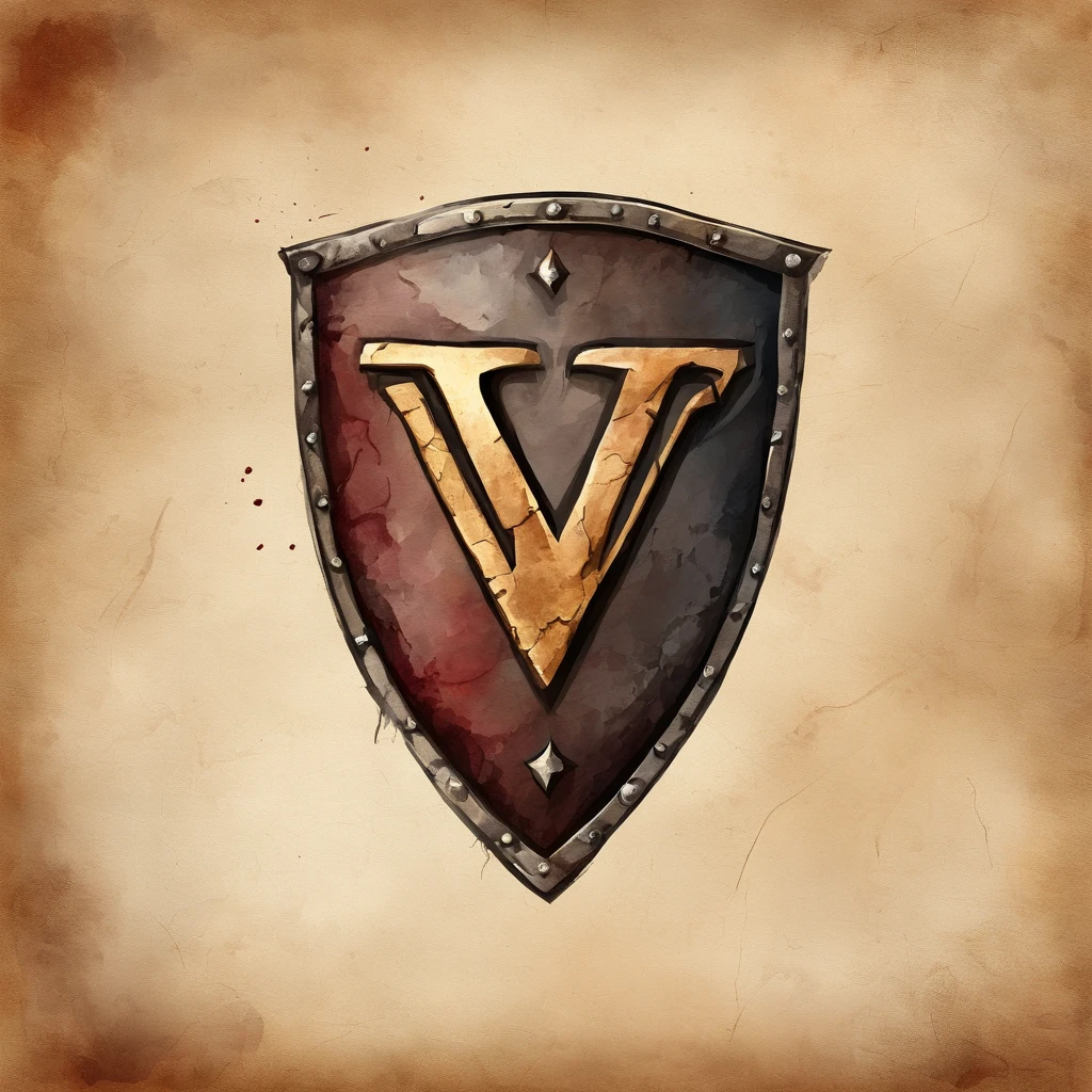 logo of a shield with "TWV" letters, medieval era, with cracks, some red and bronze color.