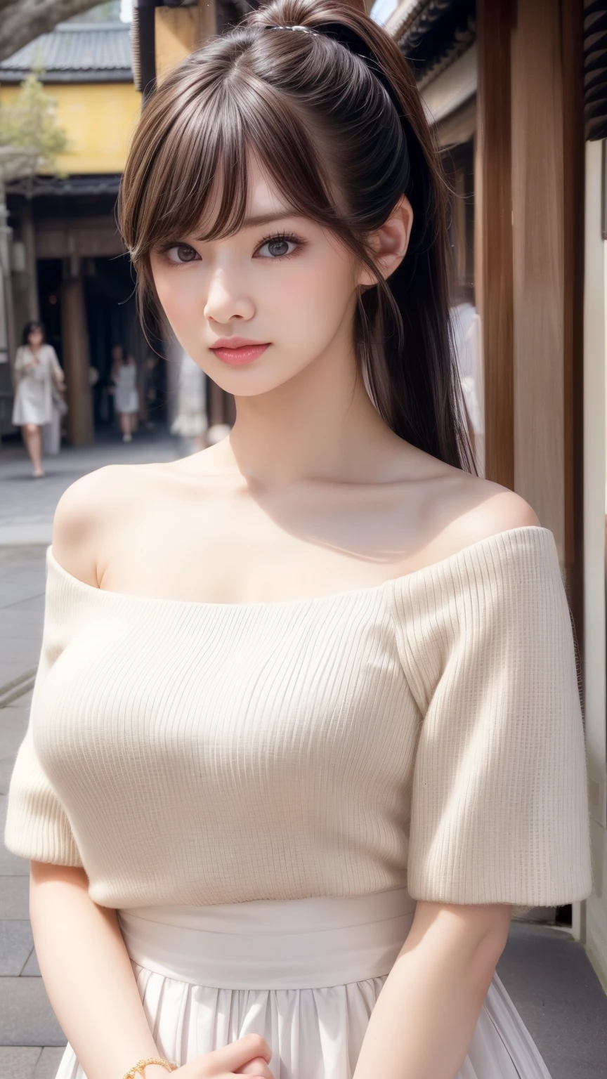 highest quality、Natural Lip、Fair skin、Great light、Beautiful lighting、((Straight hair))、Parted bangs、((ponytail))、((Black Hair))、Blunt bangs、Off the shoulder、Big cleavage、White crop top、mini skirt、Gorgeous Accessories、Give me your hand、Kyoto、Old townscape of Japan、Crowds in the city