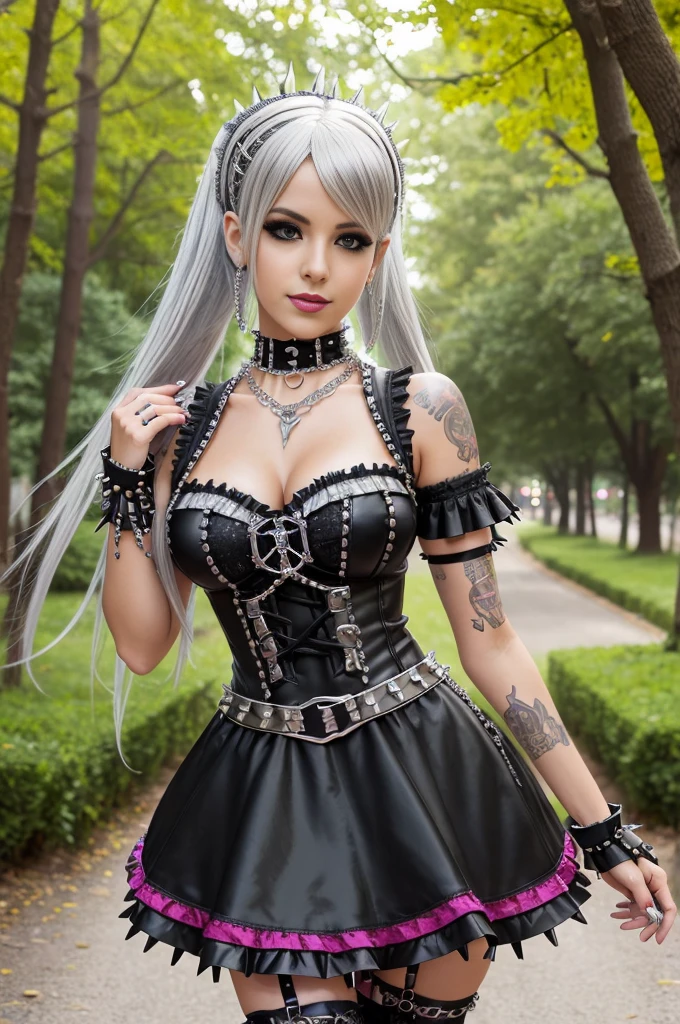 sexy stylish Spanish model, only 1 female, long multicolor stylish hair, ((shiny Punk-Style boots)), smile, Punk makeup, lipgloss, ((sexy Punk ta cosplay)), unconventional skirt, petticoats, high neckline, ((ultra detailed lace)), ((ultra detailed embroidery)), intricate details, tartan patterns, ((silver chains)), ((silver spikes)), ((safety pins)), Punk Loliccessoires, Punk Lolita cr, ((large sparkling Punk Lolita jewel, cinematic light, detailed large park background with trees
