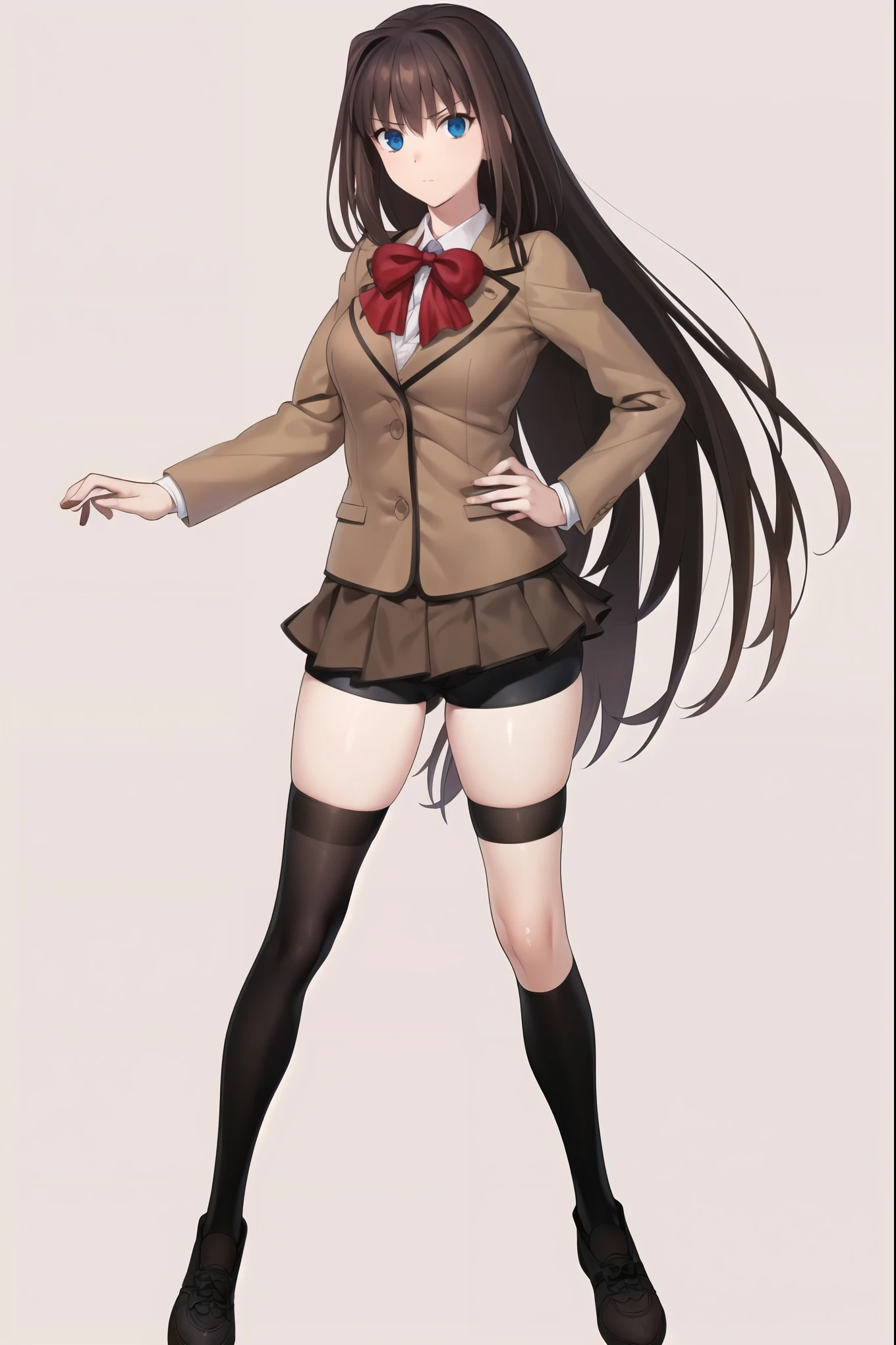 8k, high quality, AokoSchoolUniform, ((1girl)), (((solo))), (chestnut-brown hair with slightly reddish undertone), perfect face, red bowtie, beige blazer, (Umber pleated mini-skirt:1.5), (black spandex shorts:1.4), (nice thighs:1.4), large chest, well formed breasts, (black longest stockings:1.5), (brown Strap-Shoes), standing, ((full body shot)), (white-empty background:1.4), completely empty background, ((complete body in picture)),