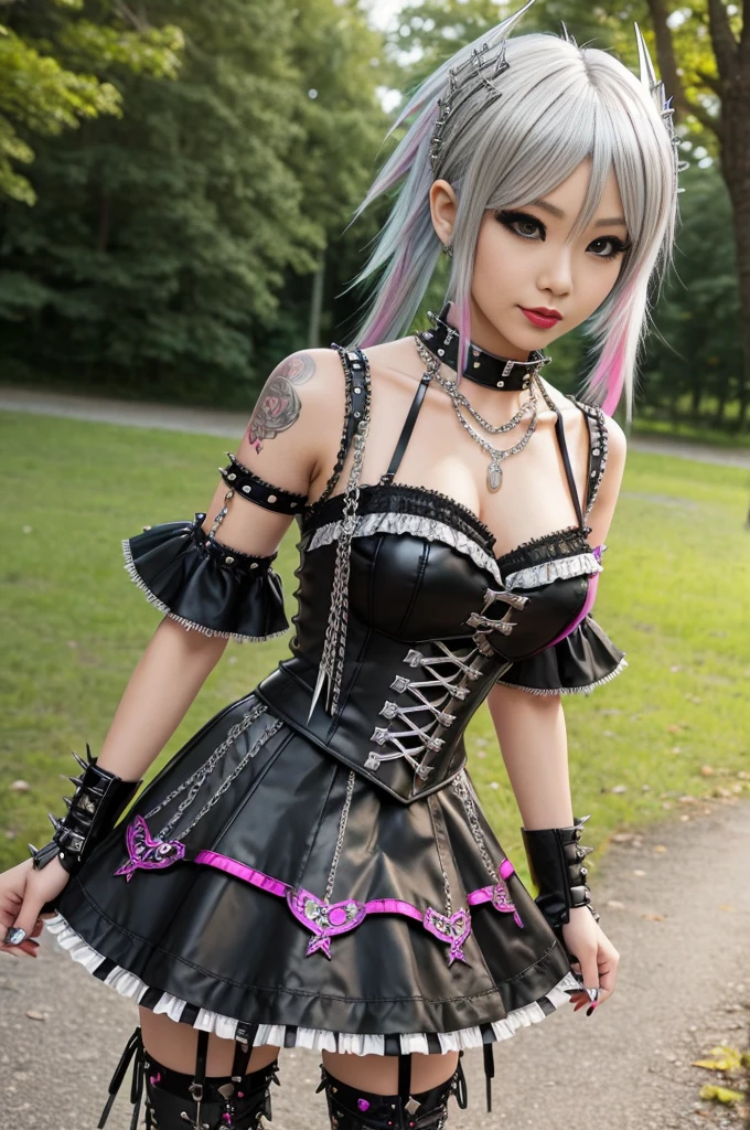 sexy stylish Japanese model, only 1 female, long multicolor stylish hair, ((shiny Punk-Style boots)), smile, Punk makeup, lipgloss, ((sexy Punk ta cosplay)), unconventional skirt, petticoats, high neckline, ((ultra detailed lace)), ((ultra detailed embroidery)), intricate details, tartan patterns, ((silver chains)), ((silver spikes)), ((safety pins)), Punk Loliccessoires, Punk Lolita cr, ((large sparkling Punk Lolita jewel, cinematic light, detailed large park background with trees