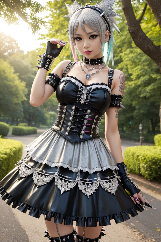 sexy stylish Japanese model, only 1 female, long multicolor stylish hair, ((shiny Punk-Style boots)), smile, Punk makeup, lipgloss, ((sexy Punk Lolita cosplay)), unconventional skirt, petticoats, high neckline, ((ultra detailed lace)), ((ultra detailed embroidery)), intricate details, tartan patterns, ((silver chains)), ((silver spikes)), ((safety pins)), Punk Lolita accessoires, Punk Lolita choker, ((large sparkling Punk Lolita jewelry)), cinematic light, detailed large park background with trees 