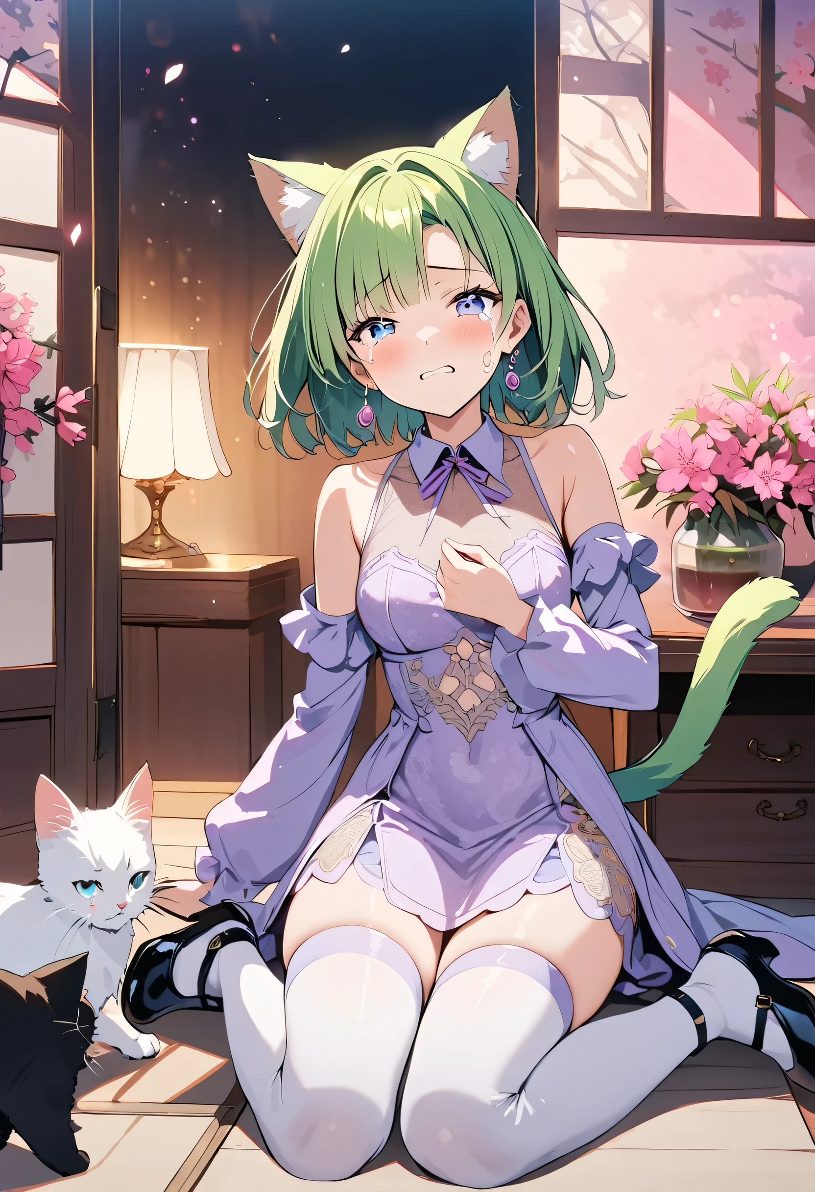masterpiece, best quality, novel illustration, highres, 18+ mature content, sensual, intimate, emotional, passionate, romantic, sweet, endearing, innocent, pure, captivating, alluring, enticing, mysterious, enchanting, captivating, immersive, mesmerizing, dreamlike, surreal, imaginative, whimsical, artistic, avant-garde, timeless, elegant, sophisticated, chic, refined, unique, original, mesmerizing,1girl,deltamon_beta, solo, blue eyes, thighhighs, animal ears, bare shoulders, blue tail, earrings,detached sleeves, green hair, sleeveless, cat ears, bag, white thighhighs, cat tail,pink backpack,pink randseru,Lavender Lace: A lavender lace dress with a Peter Pan collar, paired with ivory tights and Mary Jane shoes.,Cherry blossom viewing, Azalea, Satsuki, Azalea blizzard,
Rest ((Avoided by ((kitten)), crying face))