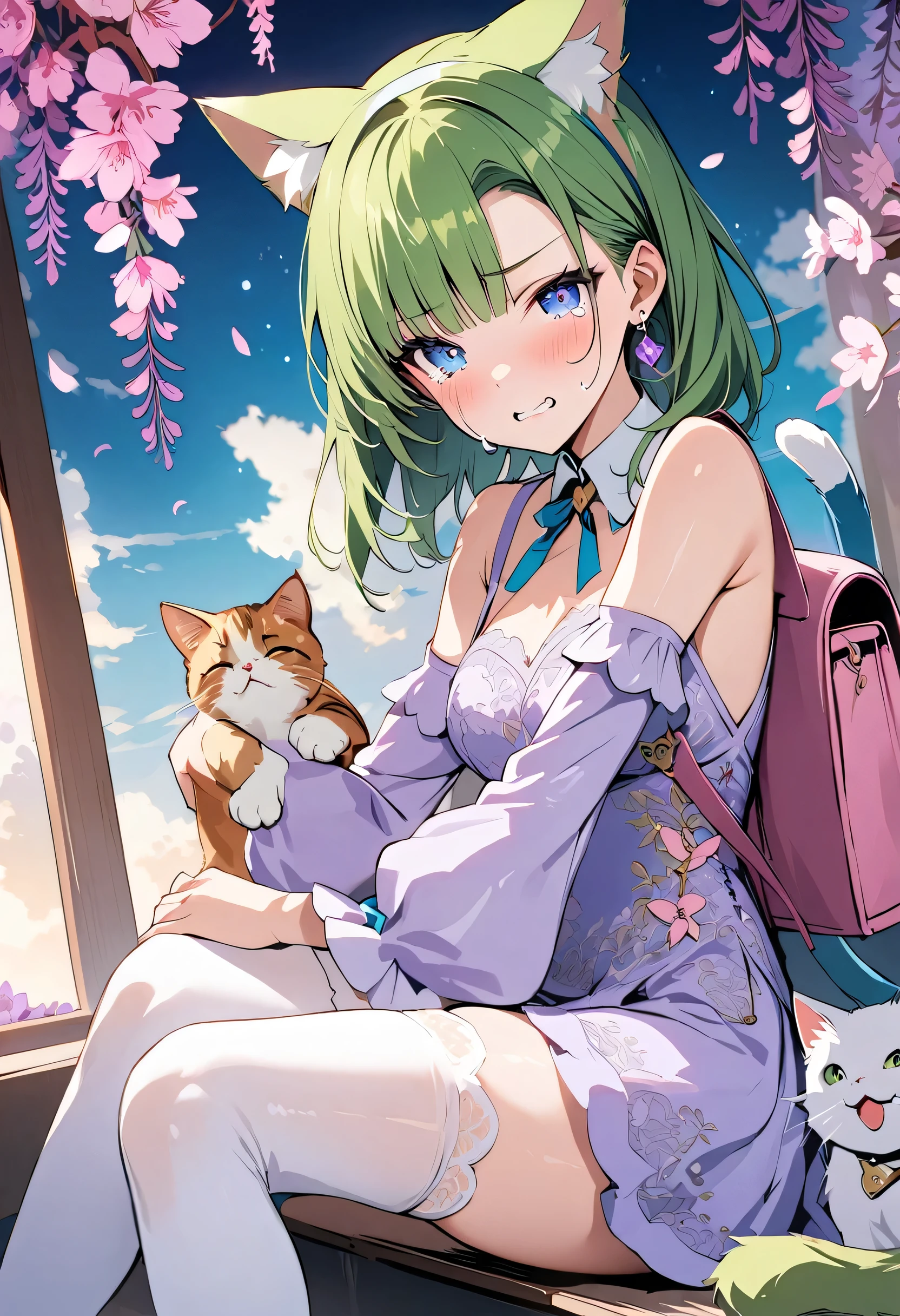 masterpiece, best quality, novel illustration, highres, 18+ mature content, sensual, intimate, emotional, passionate, romantic, sweet, endearing, innocent, pure, captivating, alluring, enticing, mysterious, enchanting, captivating, immersive, mesmerizing, dreamlike, surreal, imaginative, whimsical, artistic, avant-garde, timeless, elegant, sophisticated, chic, refined, unique, original, mesmerizing,1girl,deltamon_beta, solo, blue eyes, thighhighs, animal ears, bare shoulders, blue tail, earrings,detached sleeves, green hair, sleeveless, cat ears, bag, white thighhighs, cat tail,pink backpack,pink randseru,Lavender Lace: A lavender lace dress with a Peter Pan collar, paired with ivory tights and Mary Jane shoes.,Cherry blossom viewing, Azalea, Satsuki, Azalea blizzard,
Rest ((Avoided by ((kitten)), crying face))