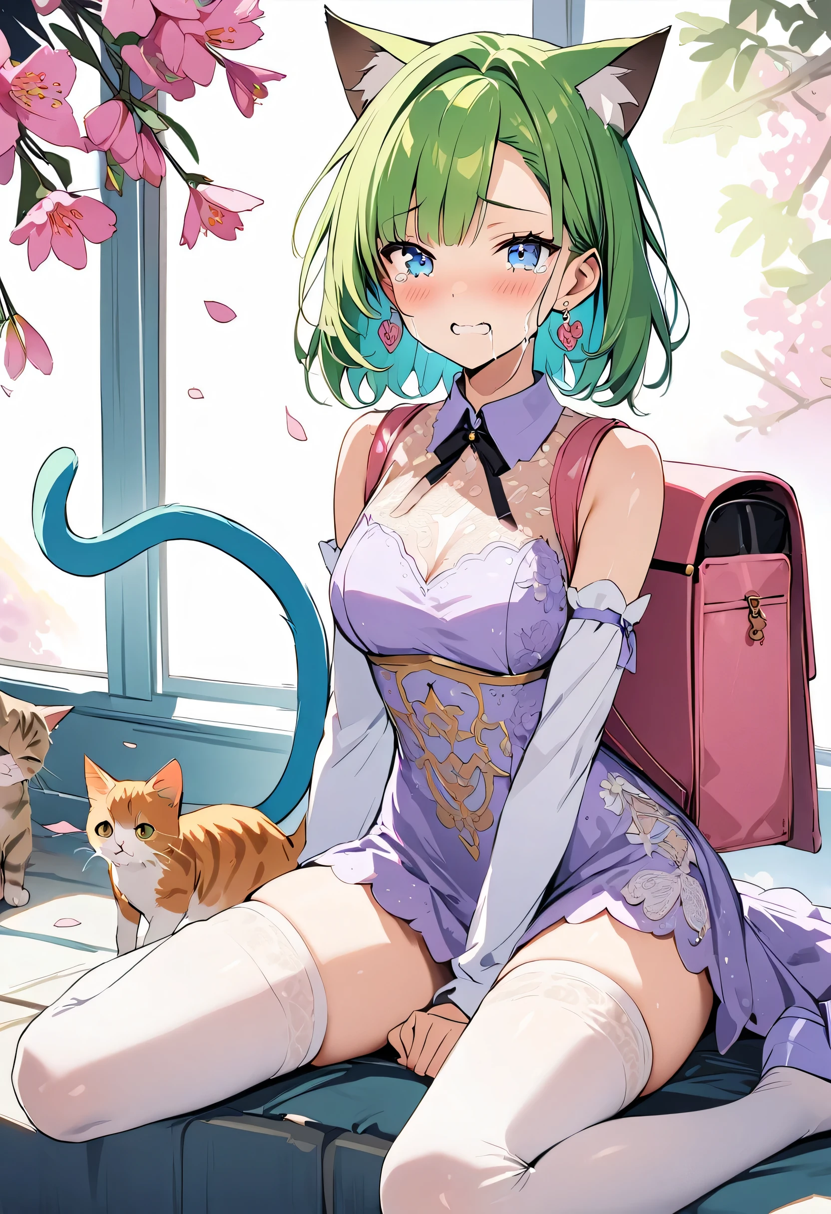 masterpiece, best quality, novel illustration, highres, 18+ mature content, sensual, intimate, emotional, passionate, romantic, sweet, endearing, innocent, pure, captivating, alluring, enticing, mysterious, enchanting, captivating, immersive, mesmerizing, dreamlike, surreal, imaginative, whimsical, artistic, avant-garde, timeless, elegant, sophisticated, chic, refined, unique, original, mesmerizing,1girl,deltamon_beta, solo, blue eyes, thighhighs, animal ears, bare shoulders, blue tail, earrings,detached sleeves, green hair, sleeveless, cat ears, bag, white thighhighs, cat tail,pink backpack,pink randseru,Lavender Lace: A lavender lace dress with a Peter Pan collar, paired with ivory tights and Mary Jane shoes.,Cherry blossom viewing, Azalea, Satsuki, Azalea blizzard,
Rest ((Avoided by ((kitten)), crying face))