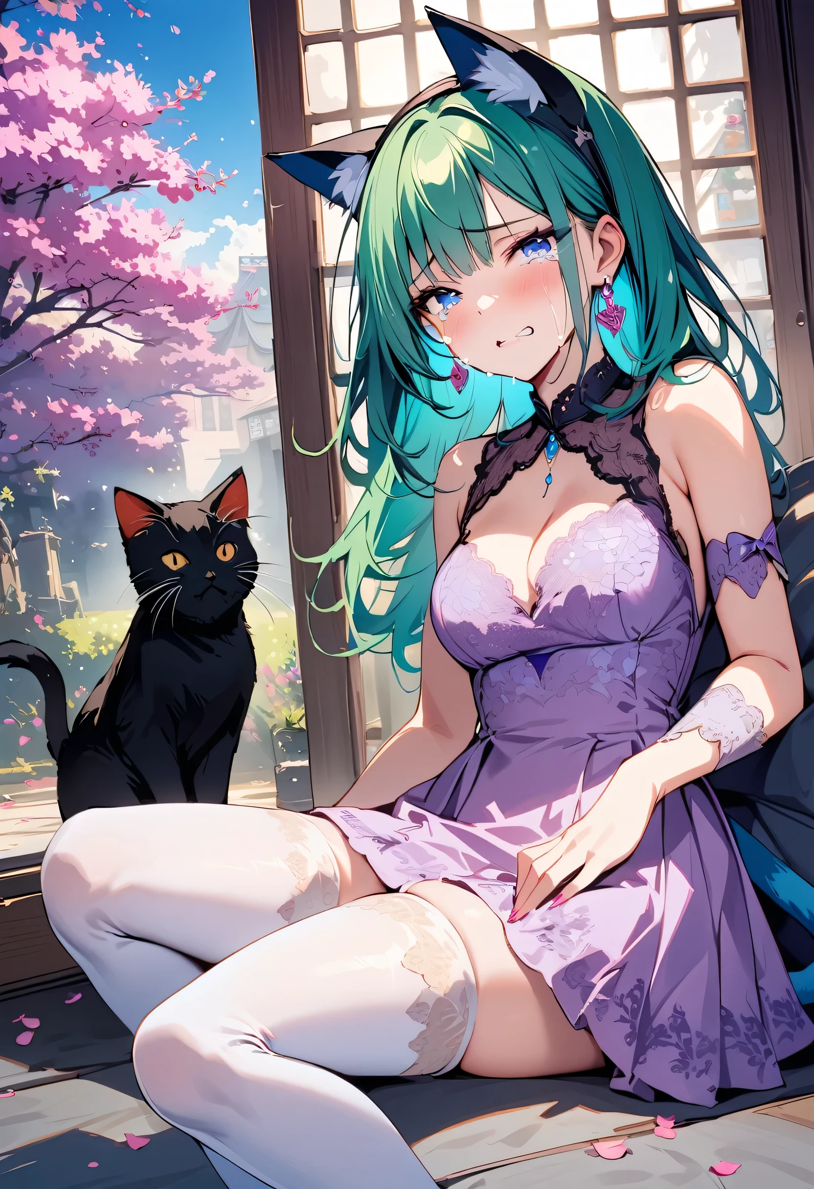 masterpiece, best quality, novel illustration, highres, 18+ mature content, sensual, intimate, emotional, passionate, romantic, sweet, endearing, innocent, pure, captivating, alluring, enticing, mysterious, enchanting, captivating, immersive, mesmerizing, dreamlike, surreal, imaginative, whimsical, artistic, avant-garde, timeless, elegant, sophisticated, chic, refined, unique, original, mesmerizing,1girl,deltamon_beta, solo, blue eyes, thighhighs, animal ears, bare shoulders, blue tail, earrings,detached sleeves, green hair, sleeveless, cat ears, bag, white thighhighs, cat tail,pink backpack,pink randseru,Lavender Lace: A lavender lace dress with a Peter Pan collar, paired with ivory tights and Mary Jane shoes.,Cherry blossom viewing, Azalea, Satsuki, Azalea blizzard,
Rest ((Avoided by ((kitten)), crying face))