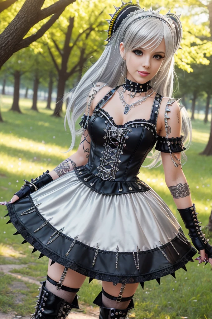 sexy stylish Swedish model, only 1 female, long multicolor stylish hair, ((shiny Punk-Style boots)), smile, lipgloss, ((sexy Punk Lolita cosplay)), unconventional skirt, petticoats, high neckline, ((ultra detailed lace)), ((ultra detailed embroidery)), intricate details, tartan patterns, ((silver chains)), ((silver spikes)), ((safety pins)), Punk Lolita accessoires, Punk Lolita choker, ((large sparkling Punk Lolita jewelry)), cinematic light, detailed large park background with trees 
