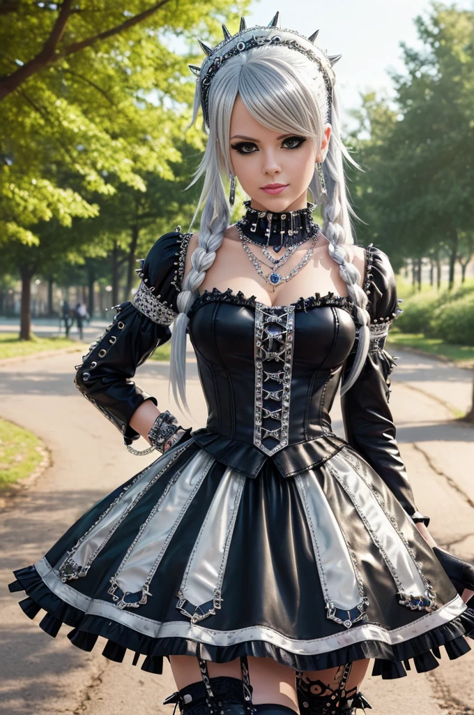 sexy stylish Swedish model, only 1 female, long multicolor stylish hair, ((shiny Punk-Style boots)), smile, lipgloss, ((sexy Punk Lolita cosplay)), unconventional skirt, petticoats, high neckline, ((ultra detailed lace)), ((ultra detailed embroidery)), intricate details, tartan patterns, ((silver chains)), ((silver spikes)), ((safety pins)), Punk Lolita accessoires, Punk Lolita choker, ((large sparkling Punk Lolita jewelry)), cinematic light, detailed large park background with trees 