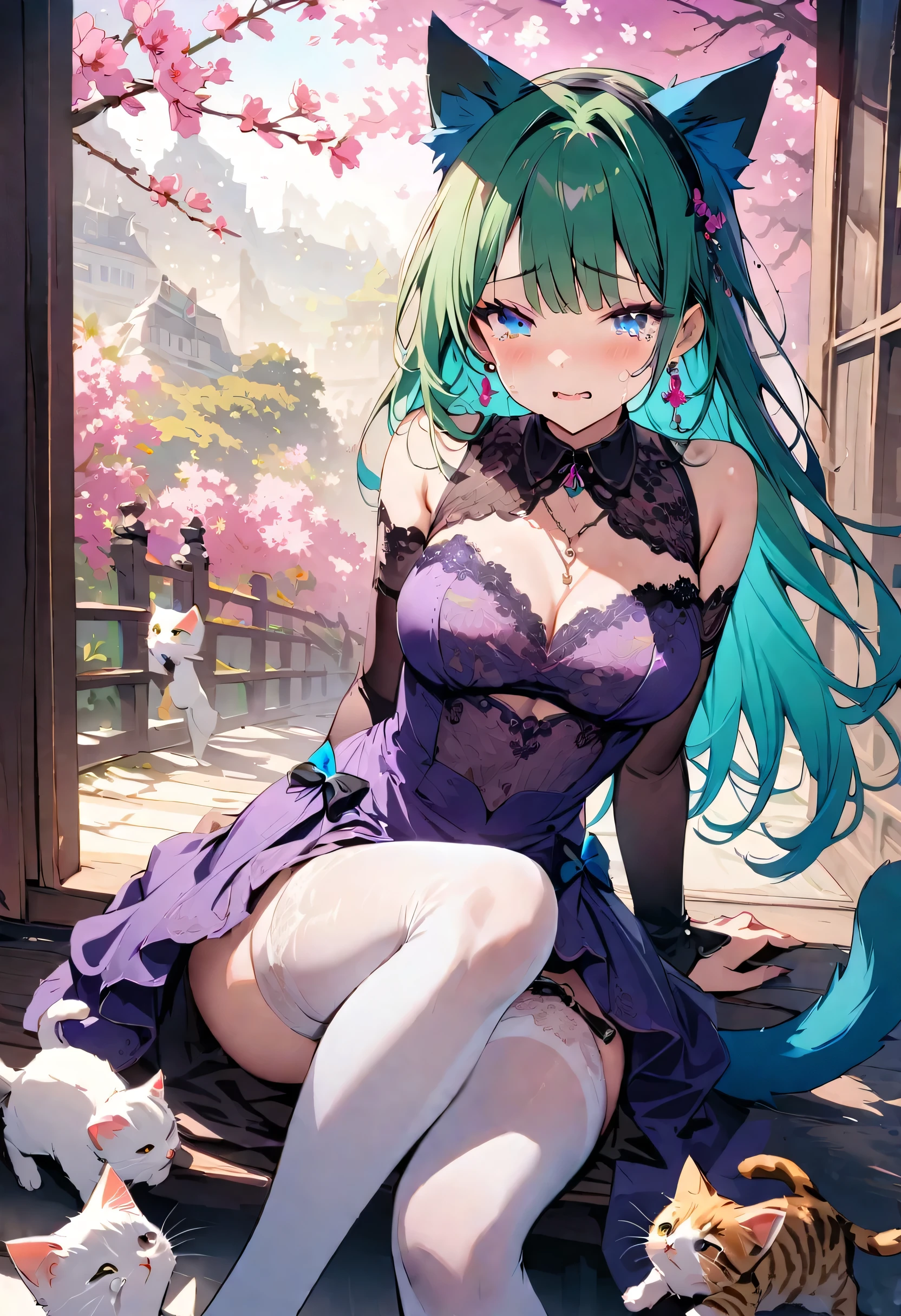 masterpiece, best quality, novel illustration, highres, 18+ mature content, sensual, intimate, emotional, passionate, romantic, sweet, endearing, innocent, pure, captivating, alluring, enticing, mysterious, enchanting, captivating, immersive, mesmerizing, dreamlike, surreal, imaginative, whimsical, artistic, avant-garde, timeless, elegant, sophisticated, chic, refined, unique, original, mesmerizing,1girl,deltamon_beta, solo, blue eyes, thighhighs, animal ears, bare shoulders, blue tail, earrings,detached sleeves, green hair, sleeveless, cat ears, bag, white thighhighs, cat tail,pink backpack,pink randseru,Lavender Lace: A lavender lace dress with a Peter Pan collar, paired with ivory tights and Mary Jane shoes.,Cherry blossom viewing, Azalea, Satsuki, Azalea blizzard,
Rest ((Avoided by ((kitten)), crying face))