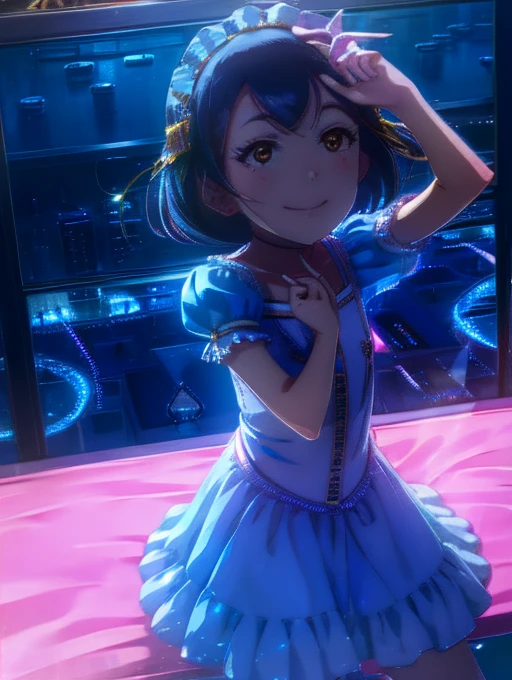 yuriko nanao (million live), 1 girl, Solo, Best Quality, masutepiece, 8K, High resolution, Ultra-detailed, (((It is located on the rooftop, Night view))), lightsmile, Light blue dress, Sailor Color Dress, Short sleeves, Puffy sleeves, Yellow cardigan,