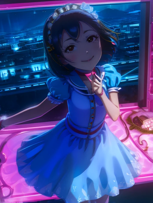 yuriko nanao (million live), 1 girl, Solo, Best Quality, masutepiece, 8K, High resolution, Ultra-detailed, (((It is located on the rooftop, Night view))), lightsmile, Light blue dress, Sailor Color Dress, Short sleeves, Puffy sleeves, Yellow cardigan,